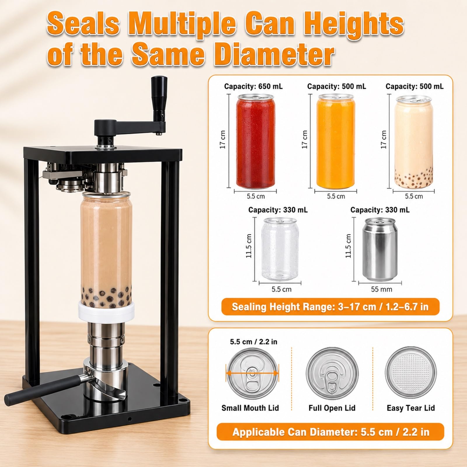 Sertisseuse de Canettes de Boissons Commerciale, Scelleuse à Main Pro | Convient aux Pots de 55mm, Scellage de Récipients 4.5-6.6 Pouces, Base Rotative pour Mise en Conserve Maison