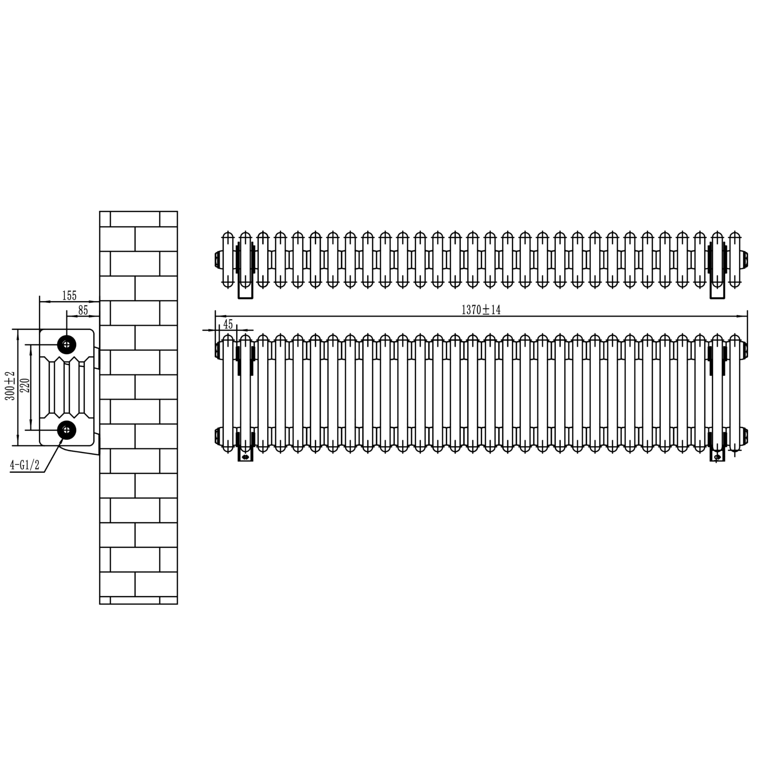 Radiador Tradicional Horizontal 4 Columnas - Blanco | 300mm x 1370mm | Acero 1.5mm 1519 W | Soportes, Kit, Cepillo | Garantía 15 Años | Calefacción Eficiente y Elegante