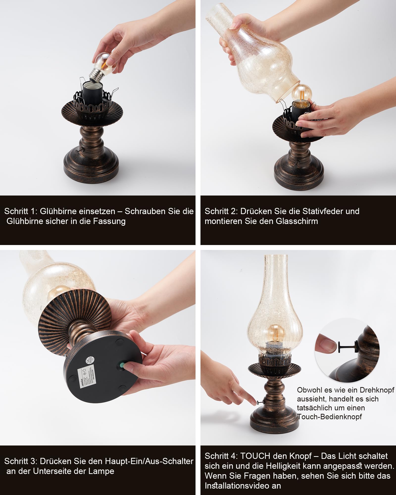 Kabellos Tischlampe Vintage Tischleuchte Ohne Kabel Akku Aufladbar | Touch Dimmbar, LED Keine Glas Lampe, Retro Antik Nachttischlampe Schlafzimmer Wohnzimmer Fensterbank Landhaus Deko