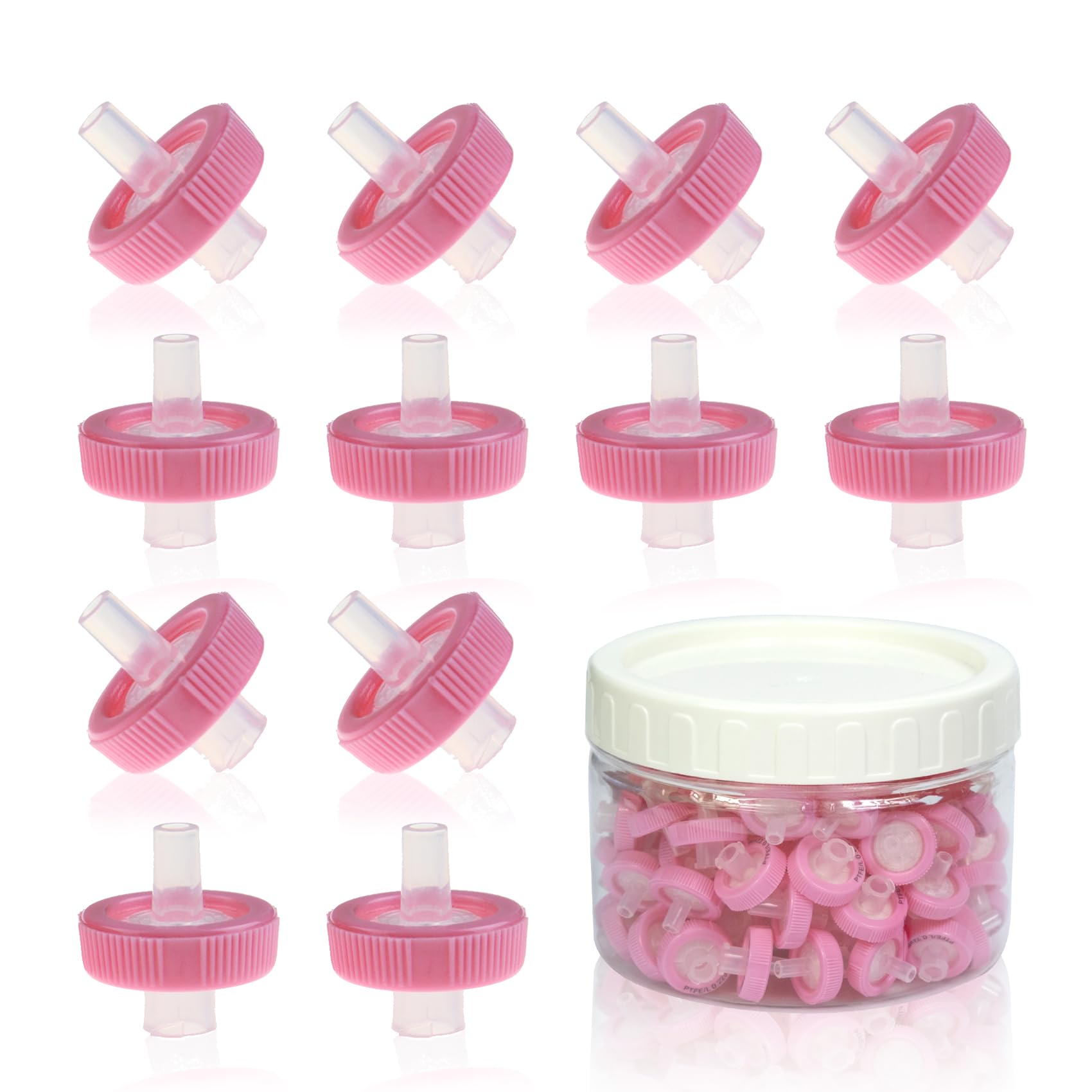 Lot de 100 filtres de seringue PTFE hydrophilic 0,22 um taille des pores, diamètre de la membrane de 13 mm, filtre de seringue de laboratoire pour la science biomédicale, rose (emballage en fûts)