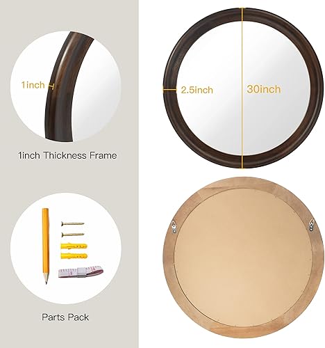 Miniatura 6 de CULER Espejos de pared redondos de 30 pulgadas, espejo de transición decorativo rústico de madera con marco de nogal para pared, espejo de tocador