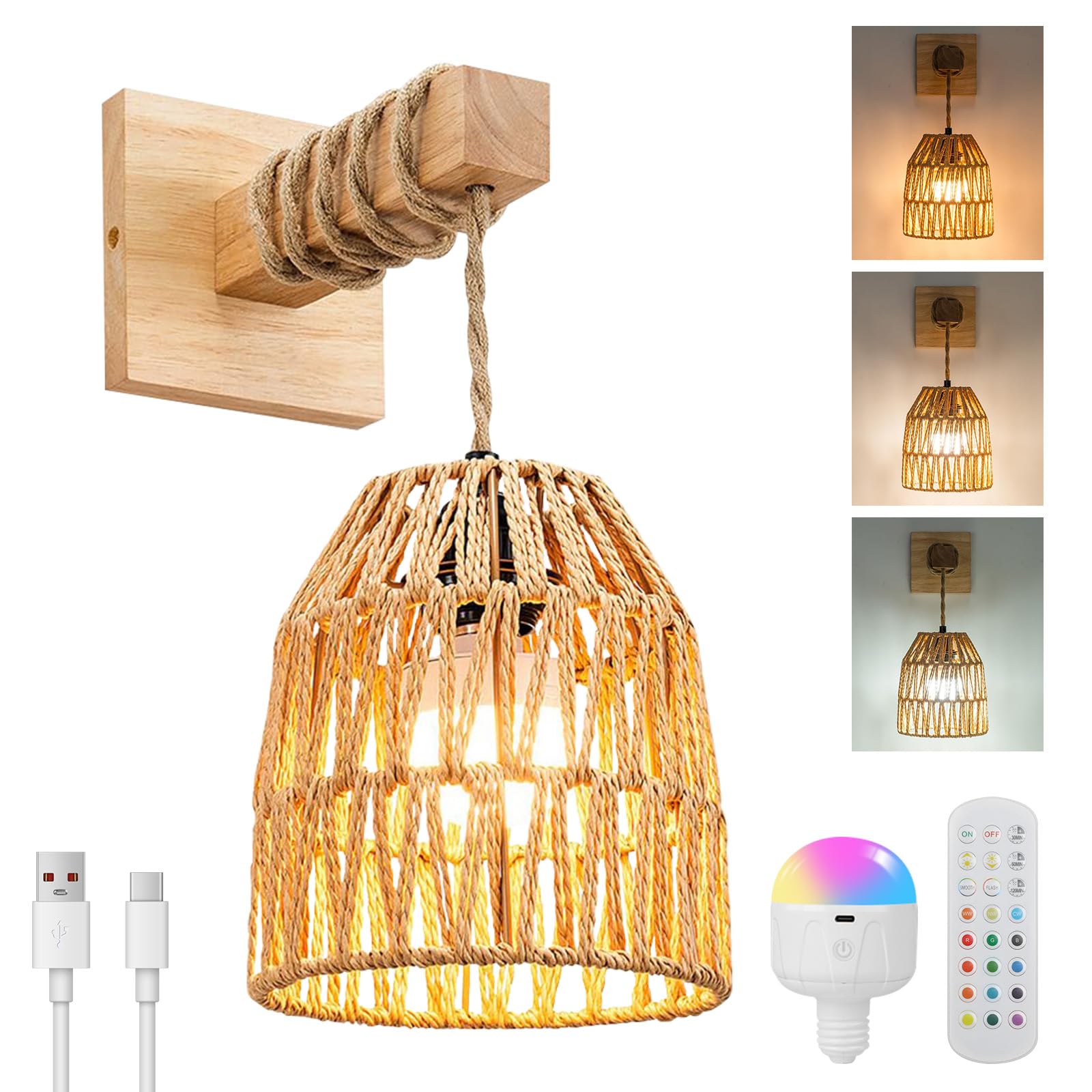 SERBASIC Rattan Battery Operated Wall Lights,Rechargeable Boho Wall Light Indoor with Detachable Bulbs and Remote,Woven Lantern Wooden Wall Sconces for Living Room Bedroom Hallway
