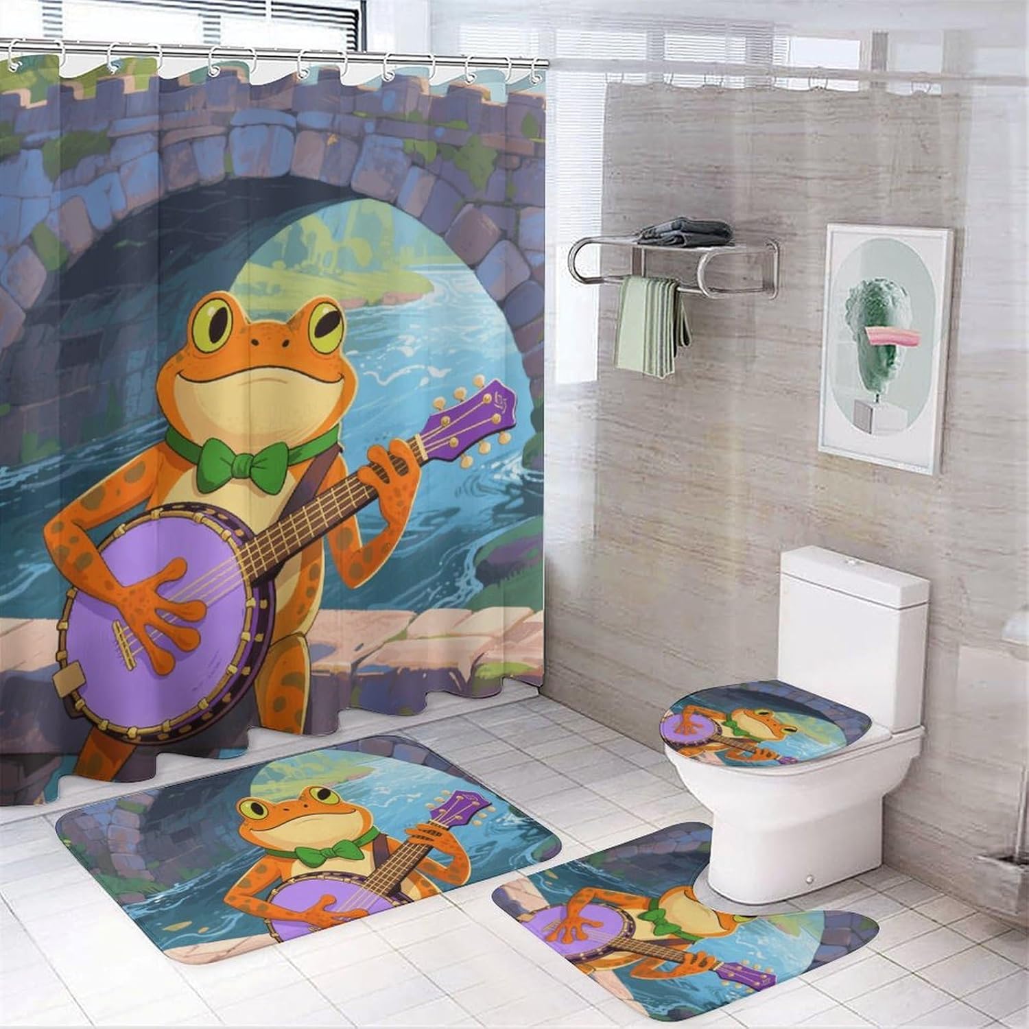Orange Frog Playing Banjo Shower Curtain Set 4 Piece, Non-Slip Bath Mat with Toilet Lid Cover and Waterproof Shower Curtain with 12 Hooks, Complete Bathroom Set for Home Decor