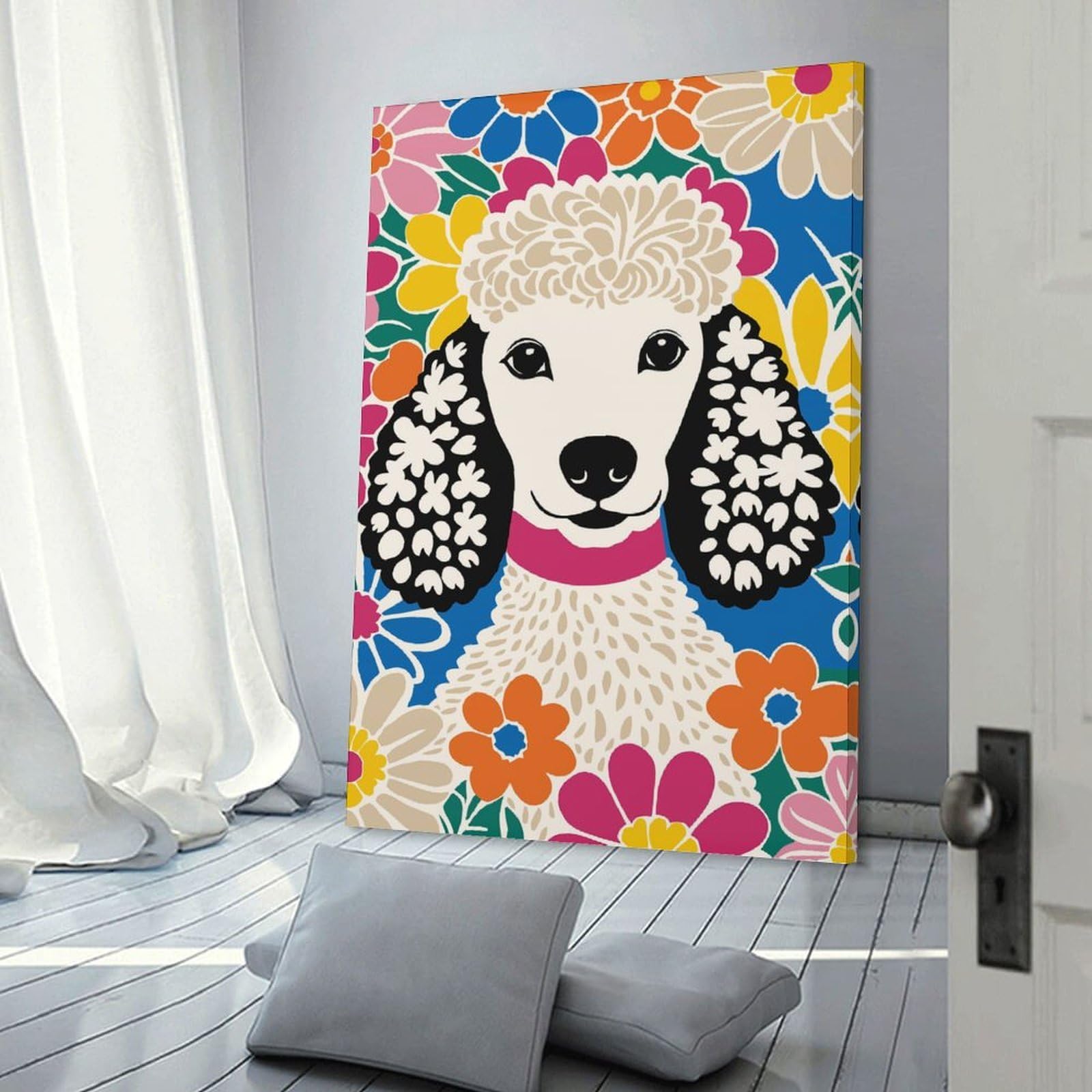 Junmoney Cute Poodle Dog in Flowers Canvas Wall Picture, 24x36inch(60x90cm), for Picture Wall Styling in Lounge Or Bedroom, An Easy Match for Collected Prints
