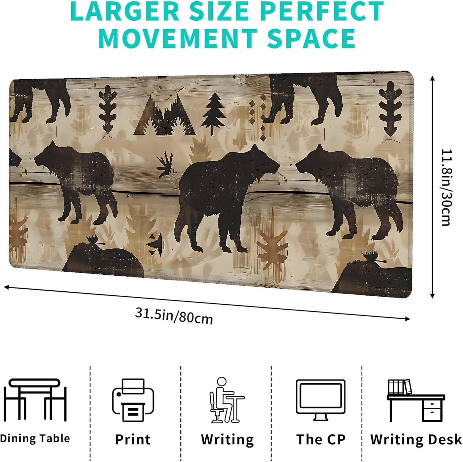 Retro Bear Gaming Mouse Pad,12x31.5in Non-Slip Rubber Animal Vintage Desk Mat,Large Extended Mousepad for Office Home Laptop,Mice Pads Gifts,Game Lover Deskmat Decor (Bear and Moose)