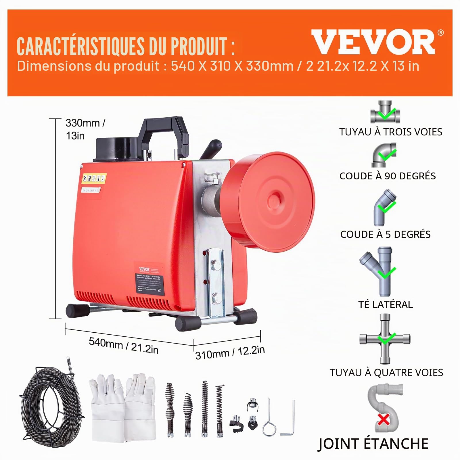 VEVOR Déboucheur Électrique Canalisation 20 m x 16 mm Machine Nettoyage Tuyaux Alimentation Manuelle 250 W, 7 Coupeurs, 2 Câbles Acier 20 m x 16 mm/4,6 m x 9,5 mm, Contrôle CW/CCW pour Tuyaux 4-10 cm