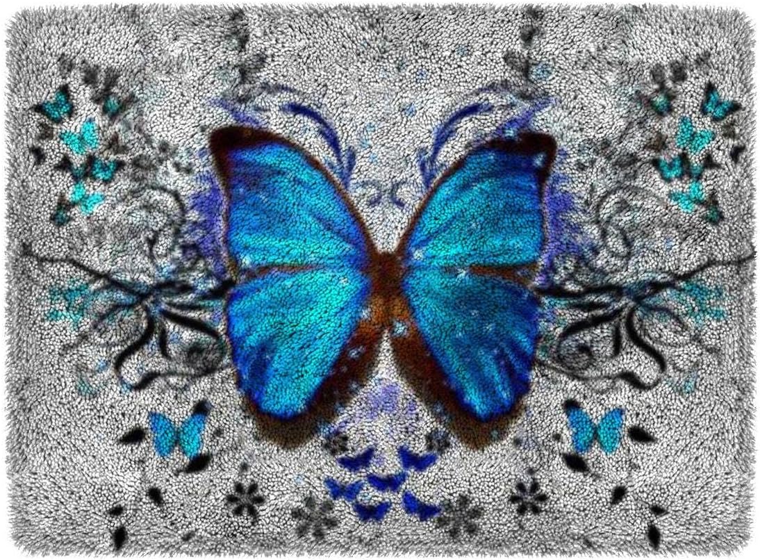 Latch Hook Kit for Adults & Kids-Blue Butterfly Pattern 50x38cm, Complete DIY Rug Making Craft Kits with Yarn & Canvas and Crochet Needle, Latch Hook Rug Adult Craft Kits for Women, Home Art Project