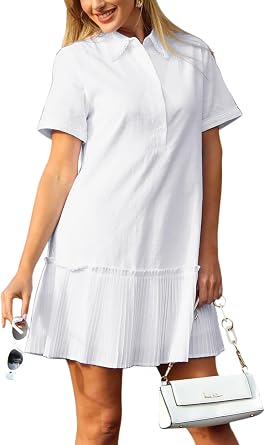 ECOWISH Women Summer Shirt Dress- V Neck Short Sleeve Casual Shift Dresses Button Down Mini Dresses with Pocket