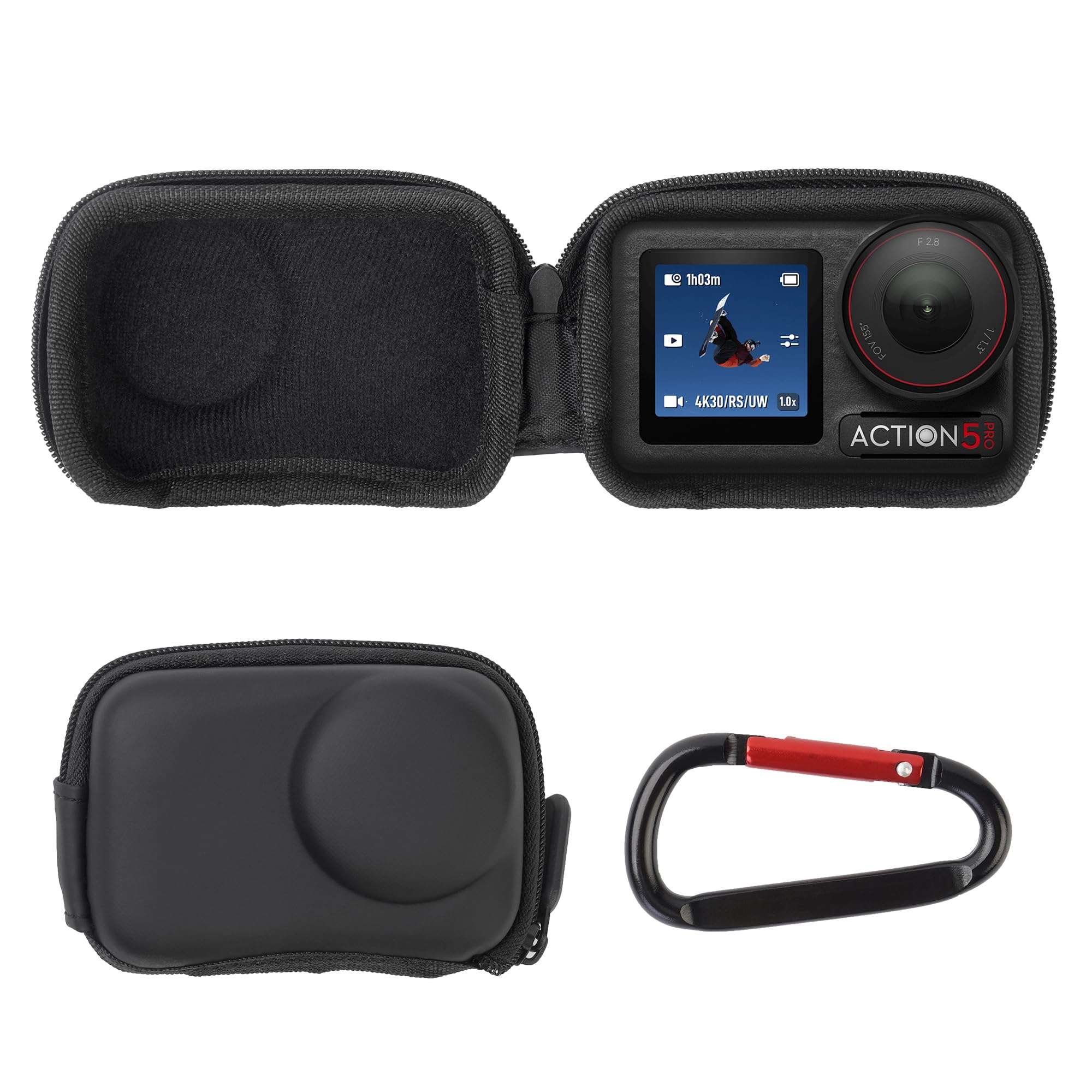 Walking Way Carry Case for DJI Osmo Action 5 Pro/4/3, Portable Hard Shell Travel Storage Bag, Action Camera Accessories with Durable PU Leather Exterior, Soft Interior and Carabiner Clip, Black