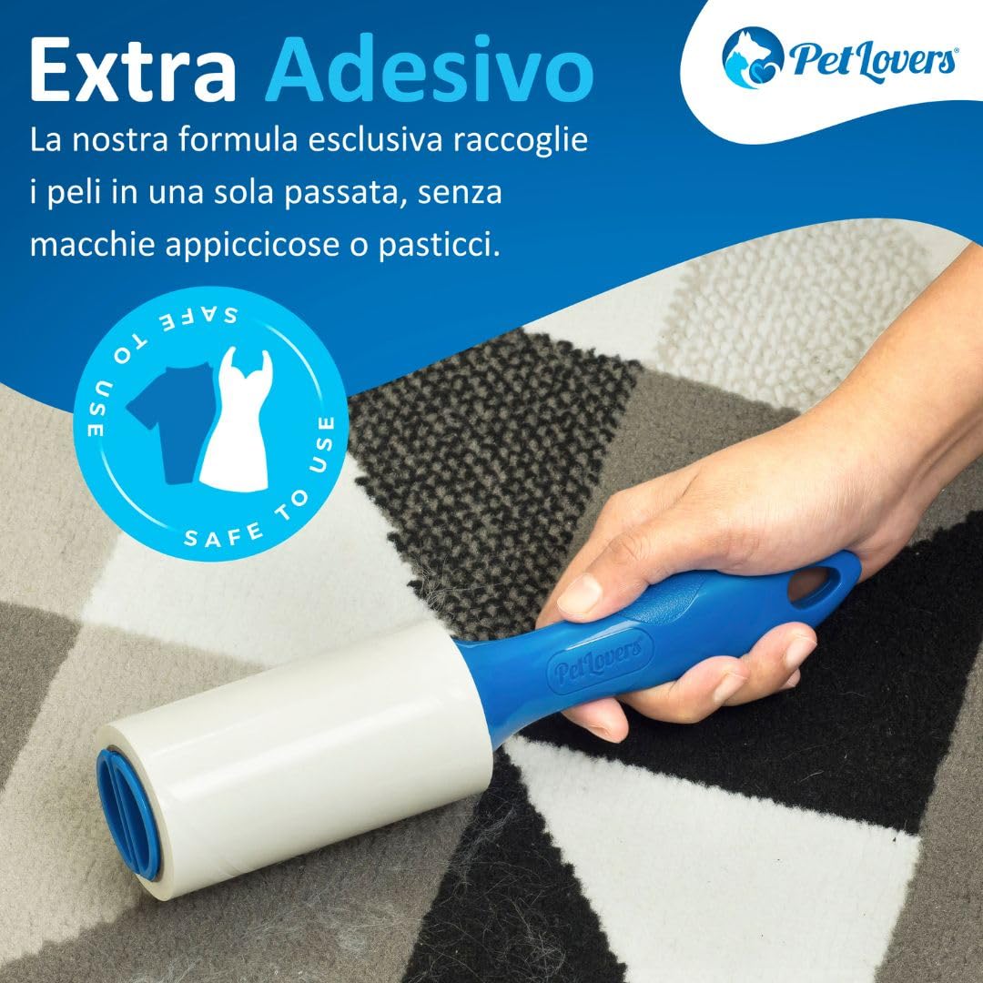 PetLovers Set di 240 fogli di rullo extra appiccicoso per la rimozione dei peli di animali domestici, rimozione pelucchi di cani e gatti, confezione da 4 (2 rulli, 2 ricariche)