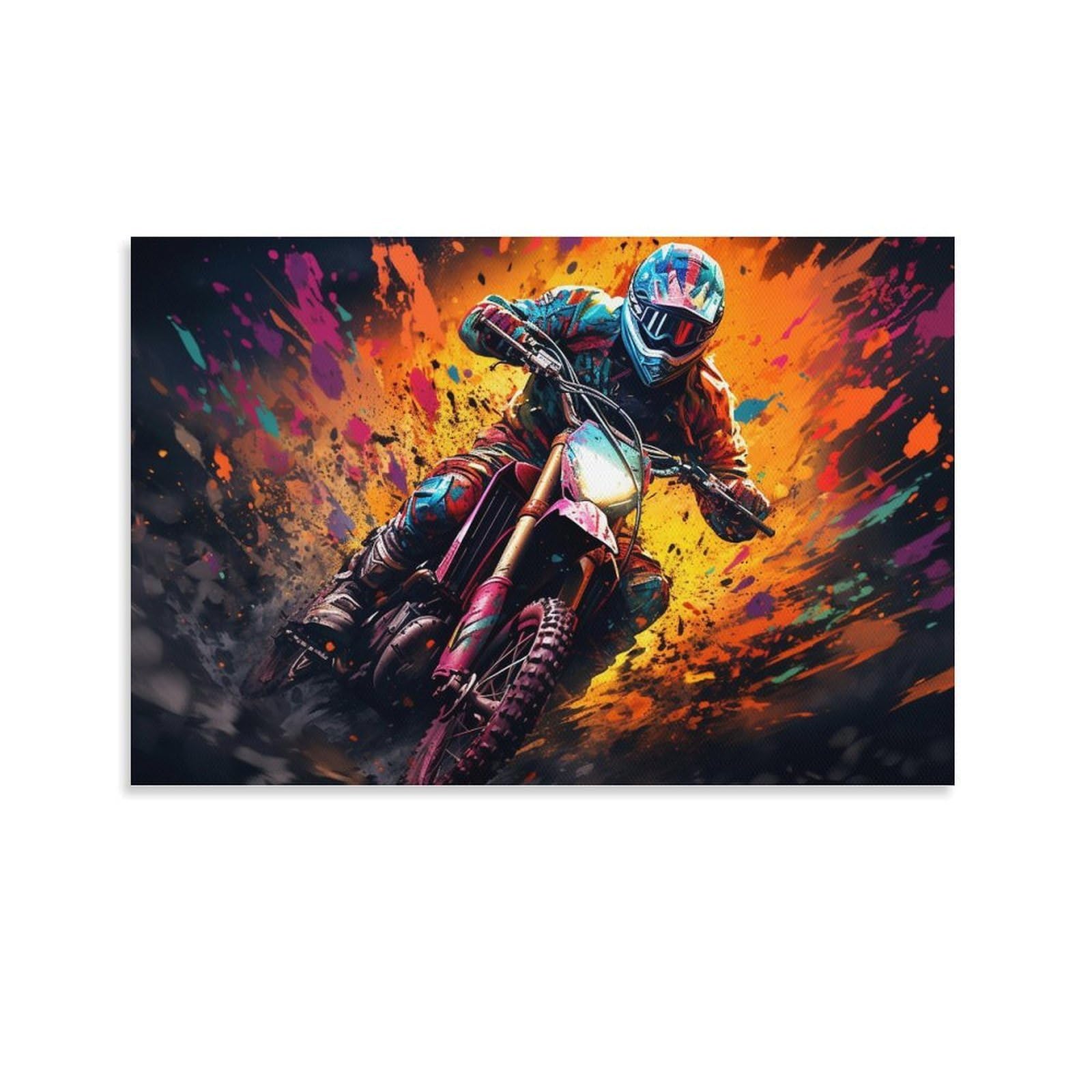 CPLVKWRQJ Bright Magical Colorful 1 Piece Dirt Bike Rider Paint Explosion Canvas Wall Decor - Bedroom Canvas Painting Easy to Clean Space Transformer Art 20x30inch(50x75cm)
