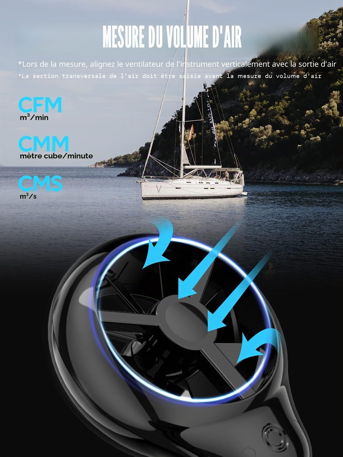 Anémomètre Numérique Portable Avec Capteur de Vent étendu, Mesure la Vitesse du Vent, la Température et l'humidité, la Vitesse du Flux d'air CFM avec Grand écran LCD Rétroéclairé