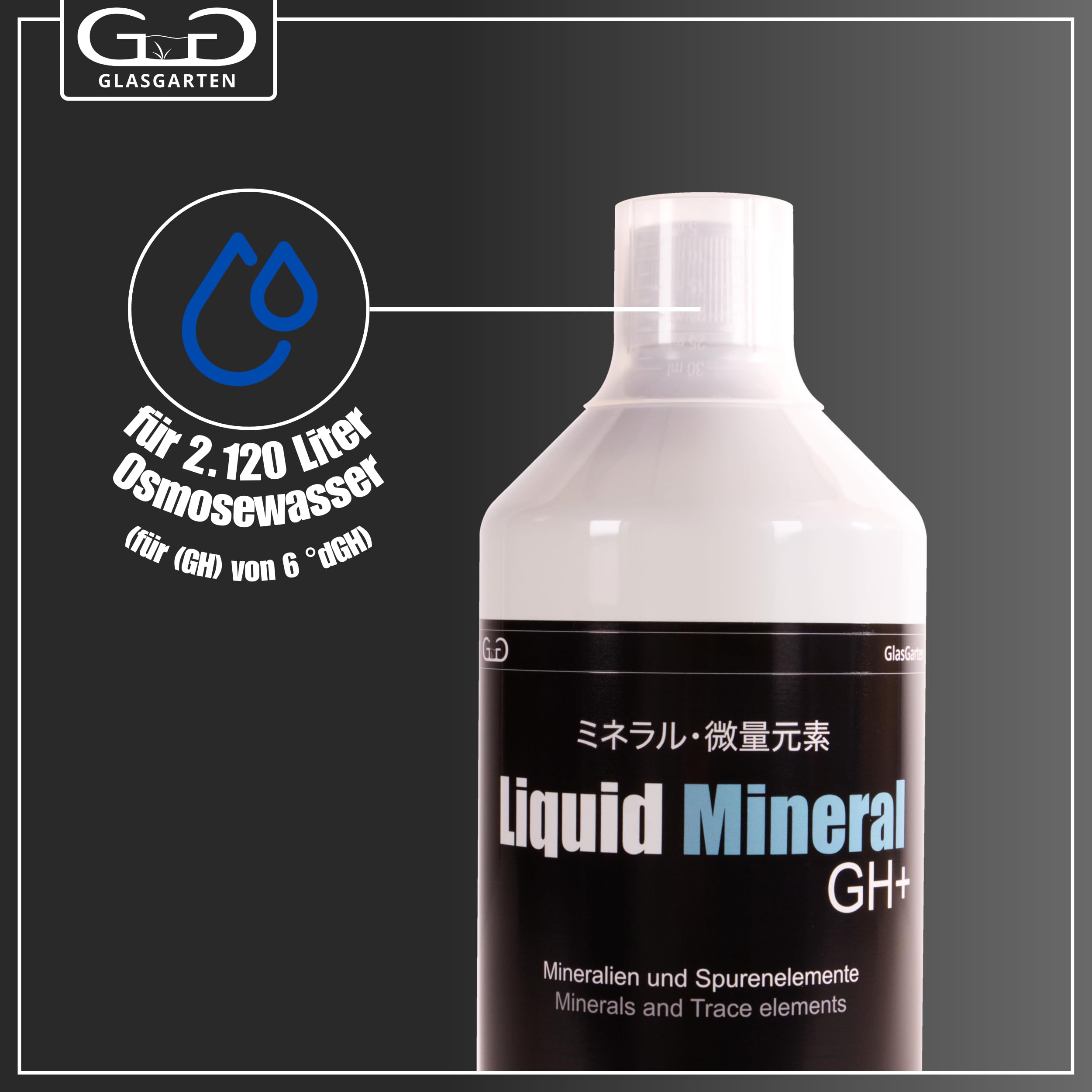 GlasGarten Liquid Mineral GH+ | 1 L/ 1000ml – flüssiges Mineralsalz zur Aufbereitung & Remineralisierung von Osmosewasser, Regenwasser, weichem Leitungswasser & vollentsalztem Wasser