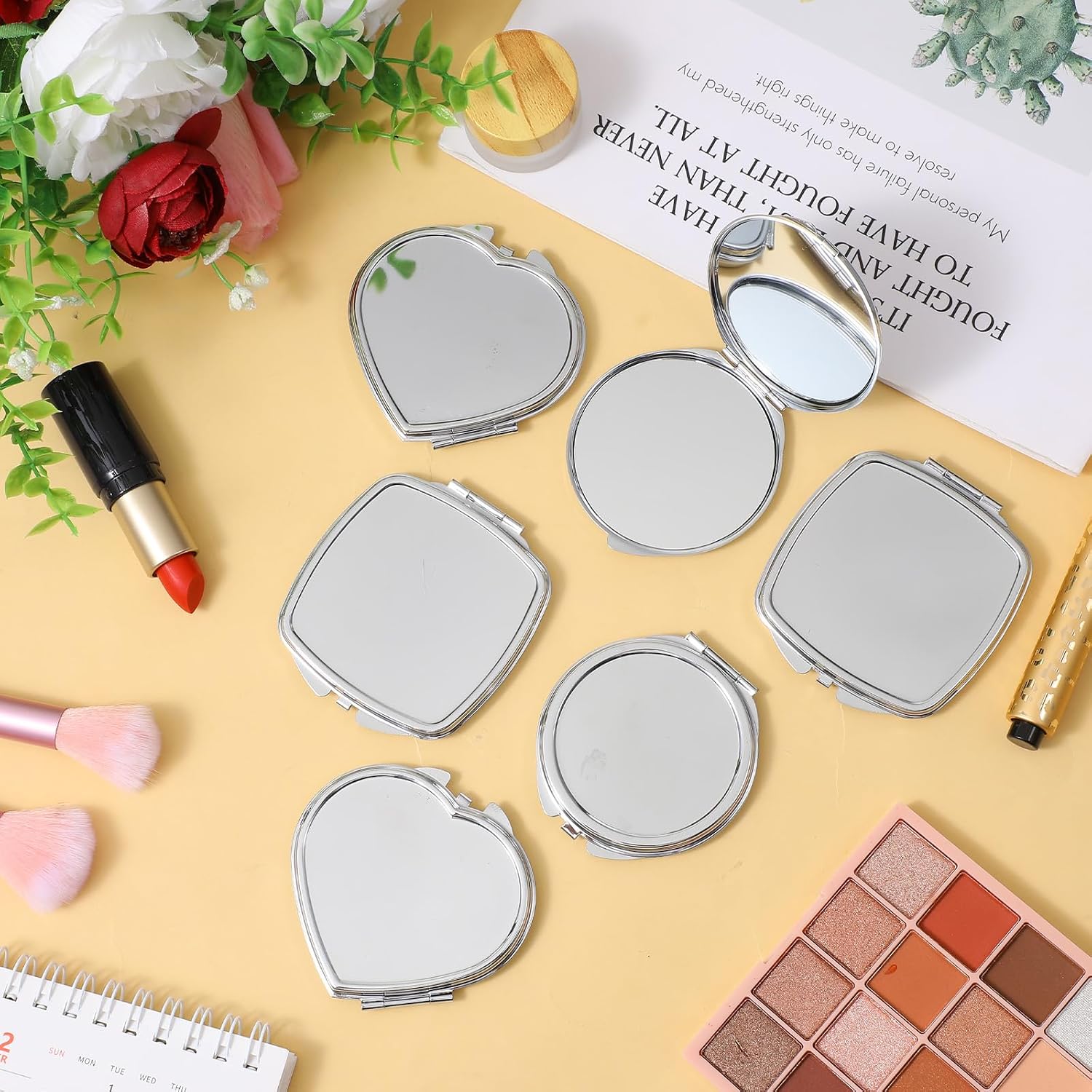 18 Pcs Sublimation Blanks Compact Mirror Bulk Transfer Folding Pocket Makeup Double Sided Handheld Mirror Round/Square/Heart Shape Sublimation for Purse Travel