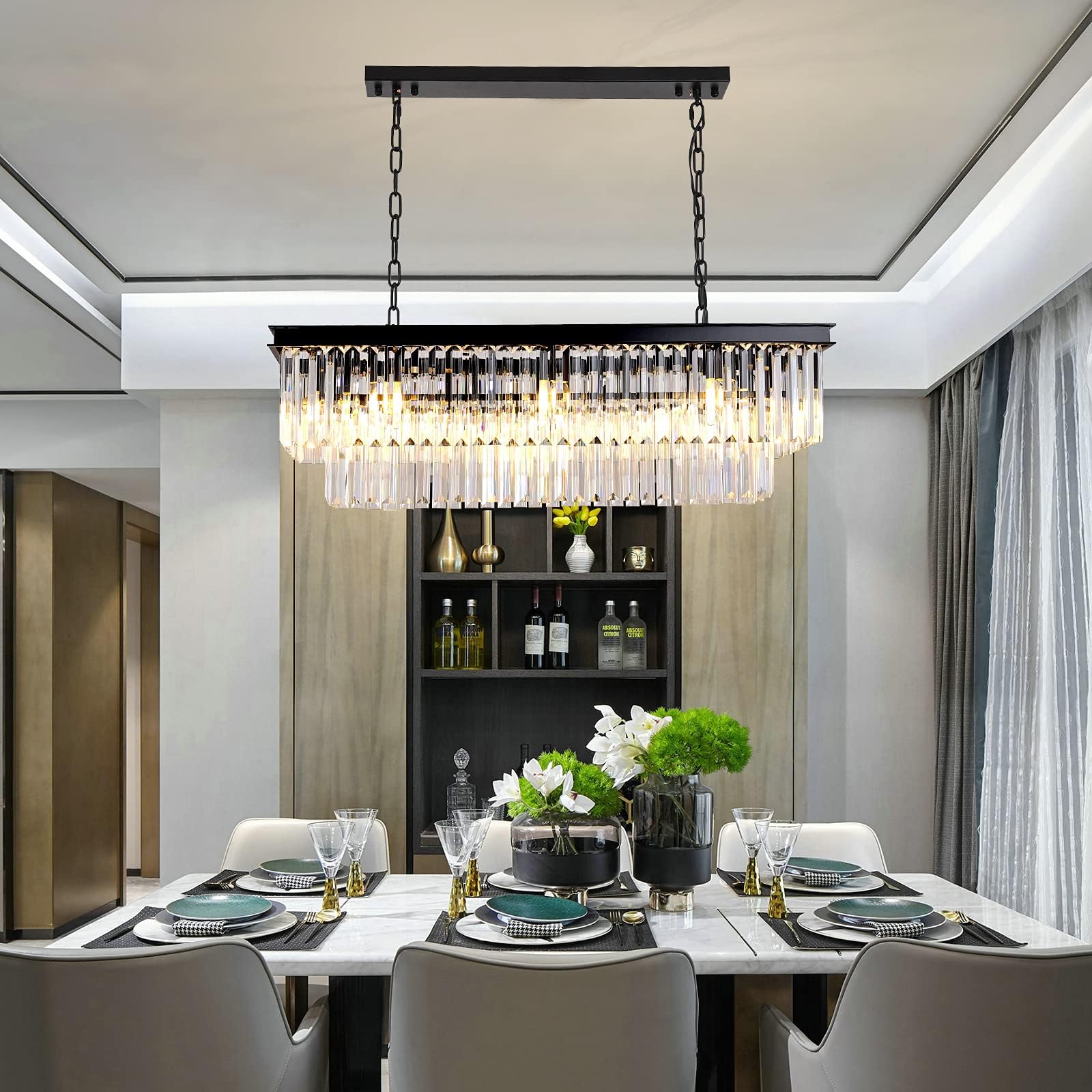 Moderner schwarzer ovaler Kristall-Kronleuchter, E14×8 Lampen, rechteckige große Kristall-Pendelleuchte für Schlafzimmer, Esszimmer,Eingangsbereich, L80cm