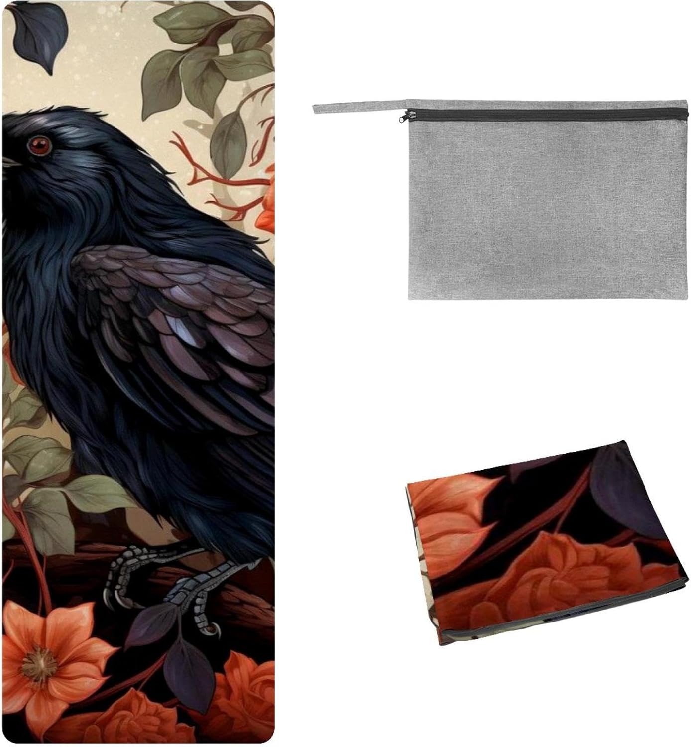 Yoga Towel, Black Crow Pattern Non Slip Sweat Absorbent Hot Yoga Mat Towel for Hot Yoga, Pilates and Fitness - 72.8" x 26.8"