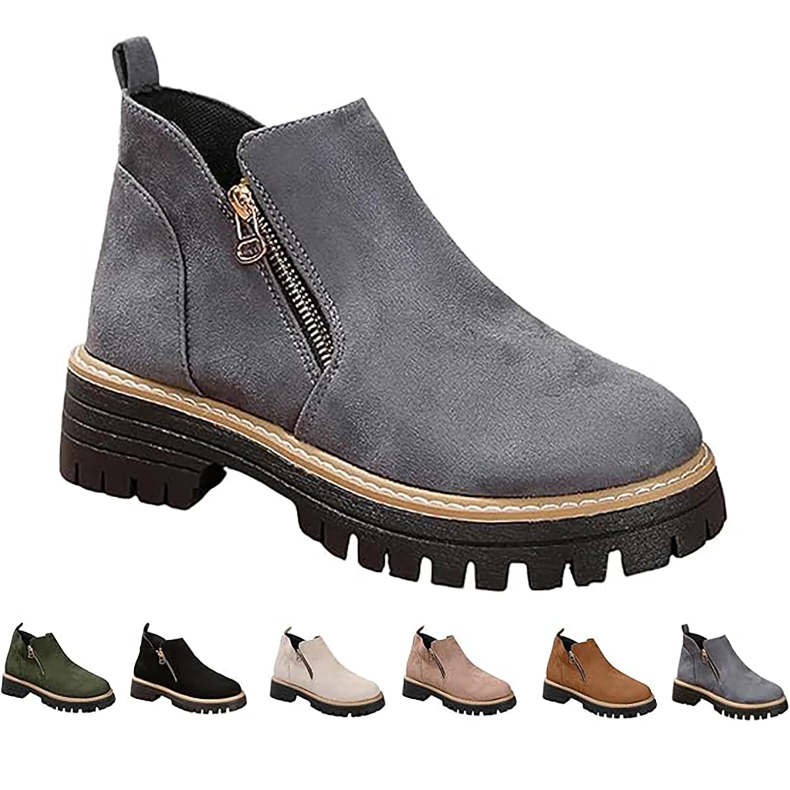 Womens Suede Ankle Boots Low Heel Chunky Platform Booties Non-Slip Lug Sole Round Toe Side Zipper Vintage Fall