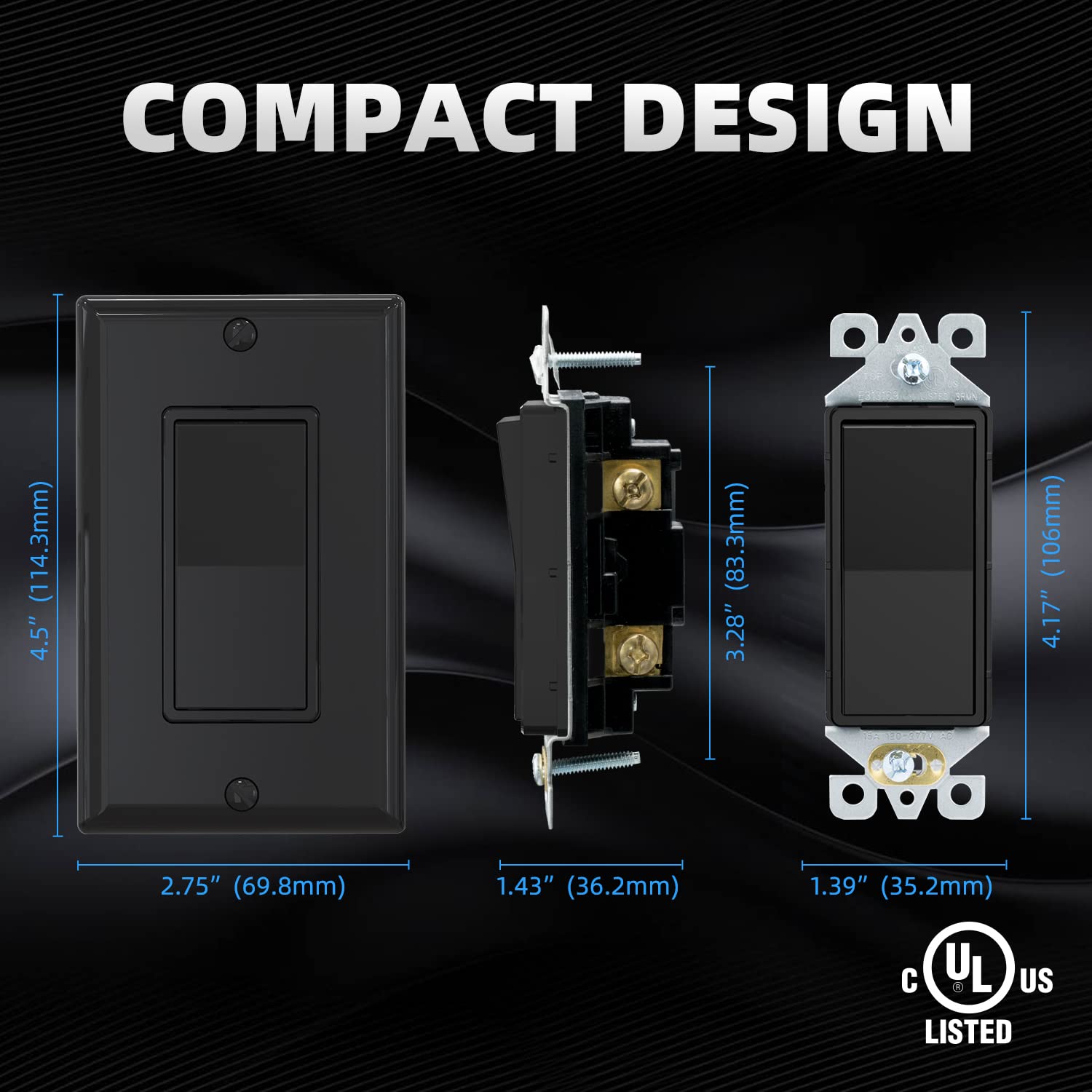 ELEGRP Single Pole Decorator Light Switch with Plate 15Amp, 120-277V, Paddle Rocker Switch Replacement, On/Off Switch, Self-Grounding, Residential Grade, w/Wall Plate, UL/CUL (10 Pack Glossy Black)