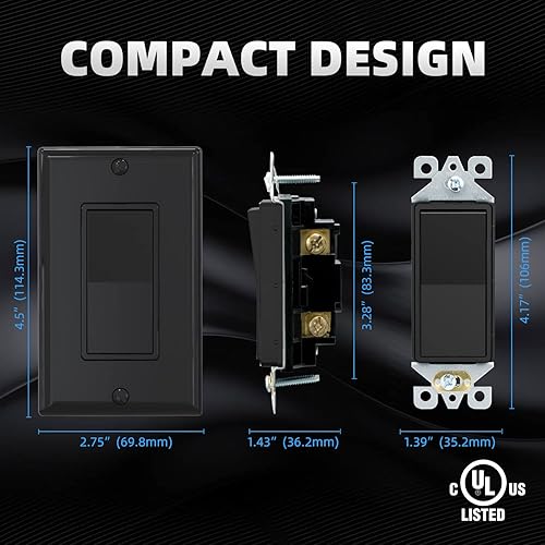 Miniatura 5 de ELEGRP Interruptor de luz decorativa de un solo polo con placa de 15 amperios, 120277 V, reemplazo del interruptor basculante de paleta, interruptor