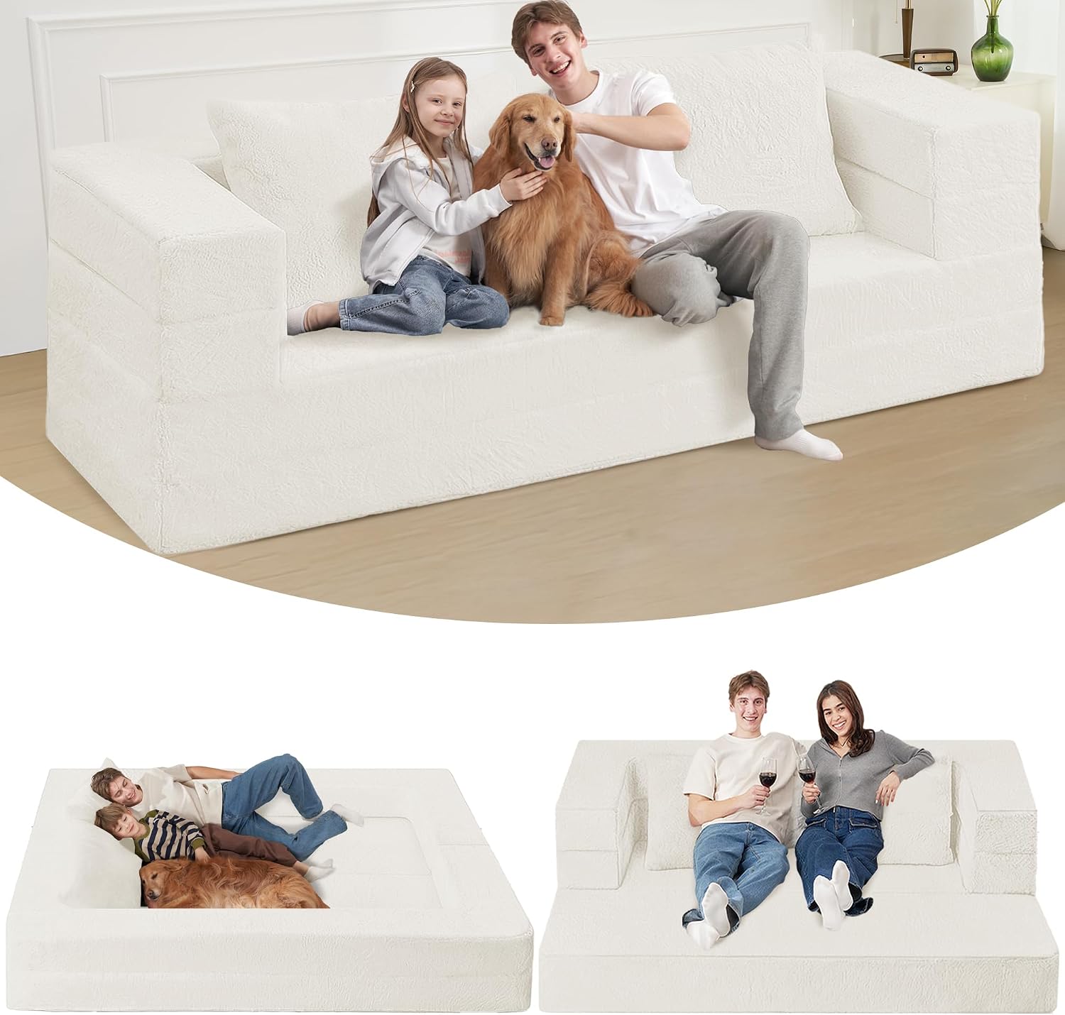 Cansunna 3-in-1 Futon Sofa Bed with Pillows, Faux Fur Convertible Floor Couch, Removable Washable Cover, No Assembly Sleeper for Small Spaces (73")