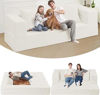 Cansunna 3-in-1 Futon Sofa Bed with Pillows, Faux Fur Convertible Floor Couch, Removable Washable Cover, No Assembly Sleeper for Small Spaces (73")
