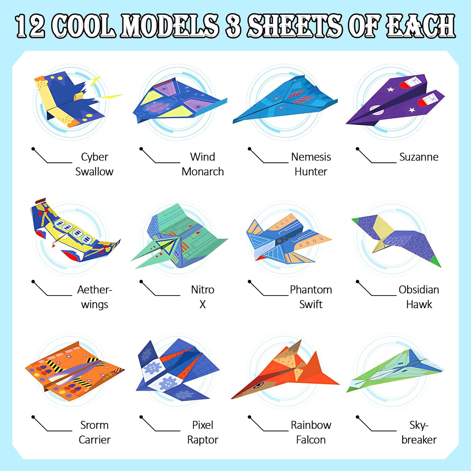 Tumwisk Paper Airplane Kit – 36 Sheets of Origami Paper Featuring 12 Distinct Designs, Double Sided Colored Origami Airplane Kit with Video Tutorials，Crafts Gifts for Boys and Girls