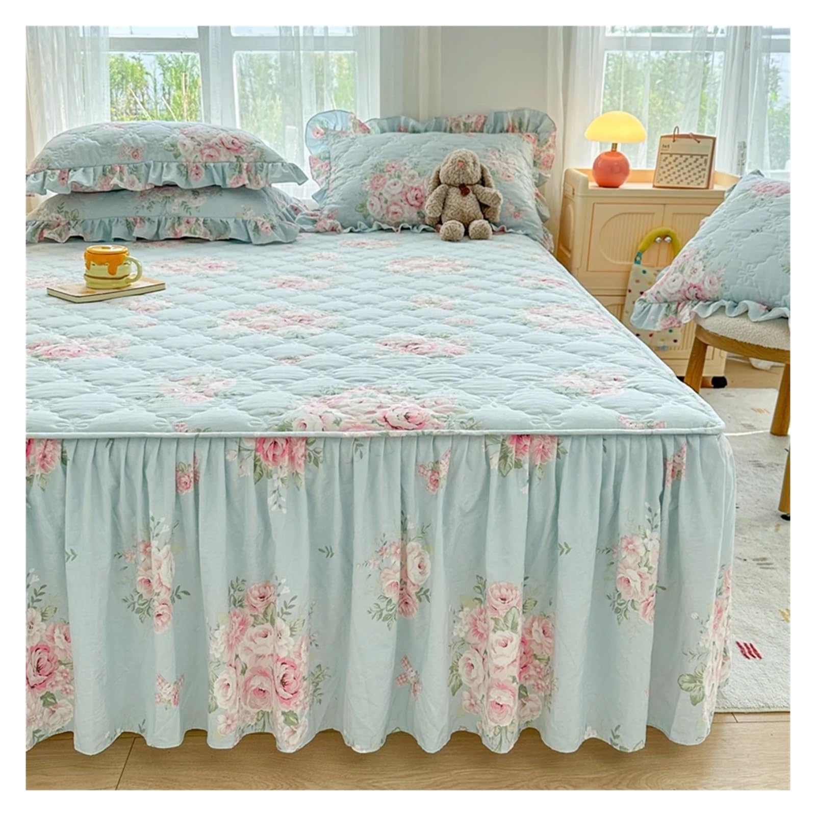 Falda de Cama Falda de Cama Acolchada algodón Lavado, Funda colchón Flores Frescas, decoración del Dormitorio hogar, Colcha 150x200, 1 ud para la decoración de la Cama(7,Only 2pc Pillowcase)