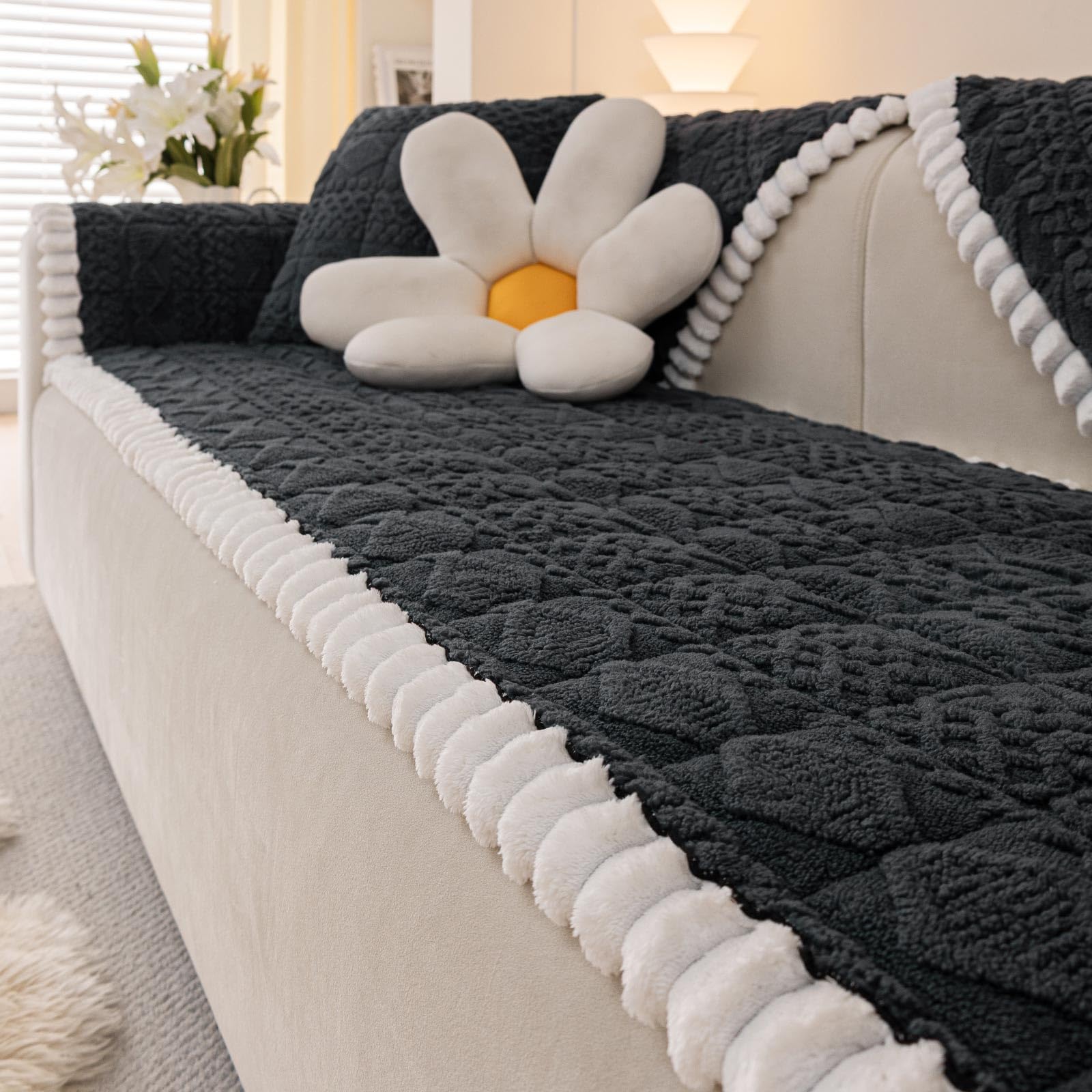 Aucrovee Soft Plush Couch Cover for Dogs Washable, Fluffy Sofa Covers for Pets Washable 3 Cushion Couch Sofa Slipcover, Furniture Protector (1 PCS