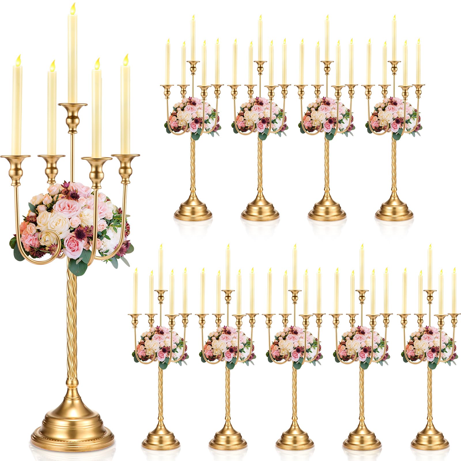 View 1 of 10 Pcs Gold Candelabra Candlestick Holder, 12.2 x 12.2 x 26.4 Inch, 5 Arm
