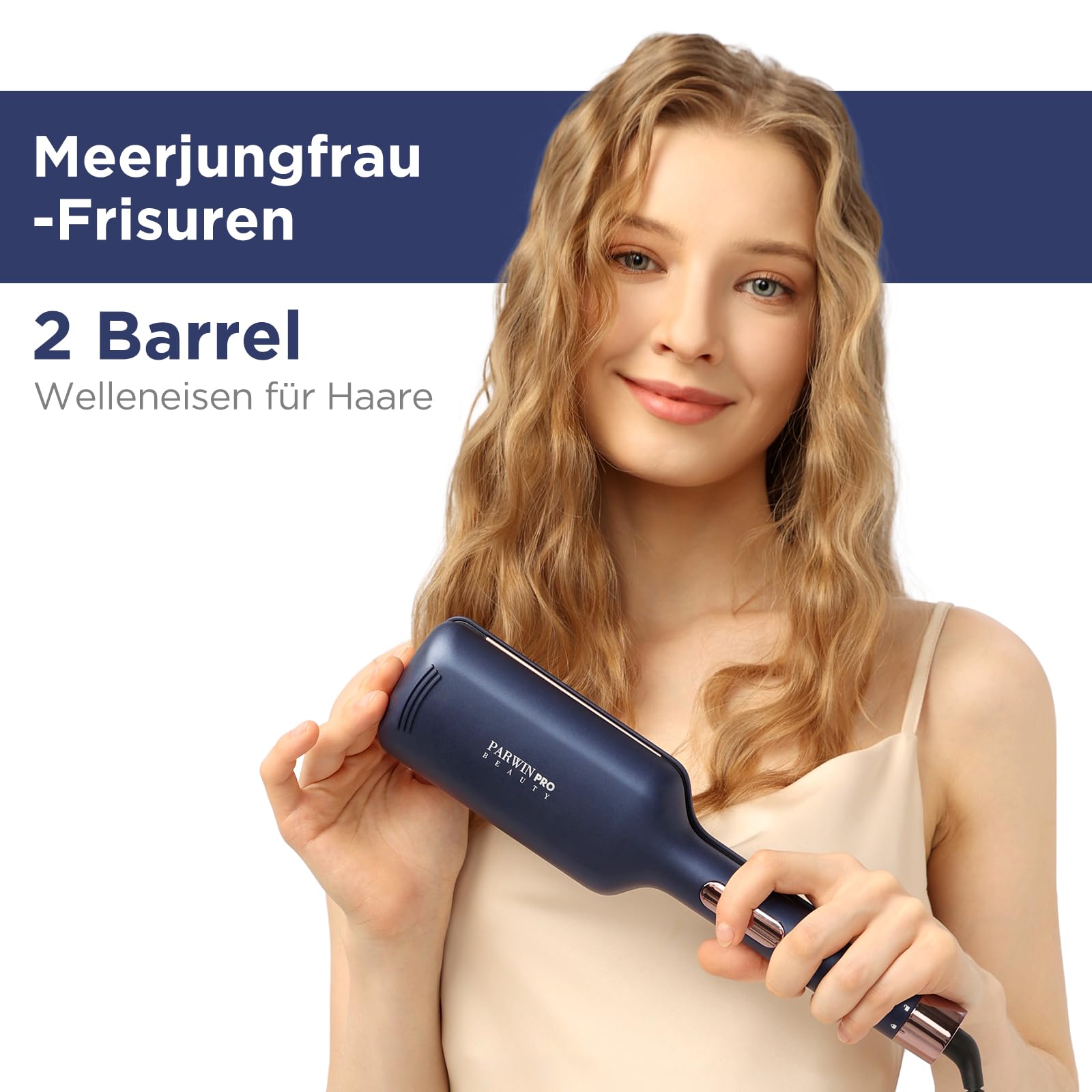 2 Fässer Meerjungfrau Welleneisen für haare, 32MM Lockenstab große locken, PARWIN PRO BEAUTY -Hair Curler, Wellenstyler mit 4 Einstellbarer Temperatur, Sofortiges Wellen (Preußischblau)