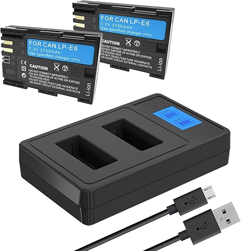 LP-E6 Battery 2 Pack 2750mAh and Rapid Dual USB Charger for Canon 60D, 70D, 80D, 5DS R, 5D Mark II III IV, 6D, 7D, C700, XC15, BG-E16, BG-E14,