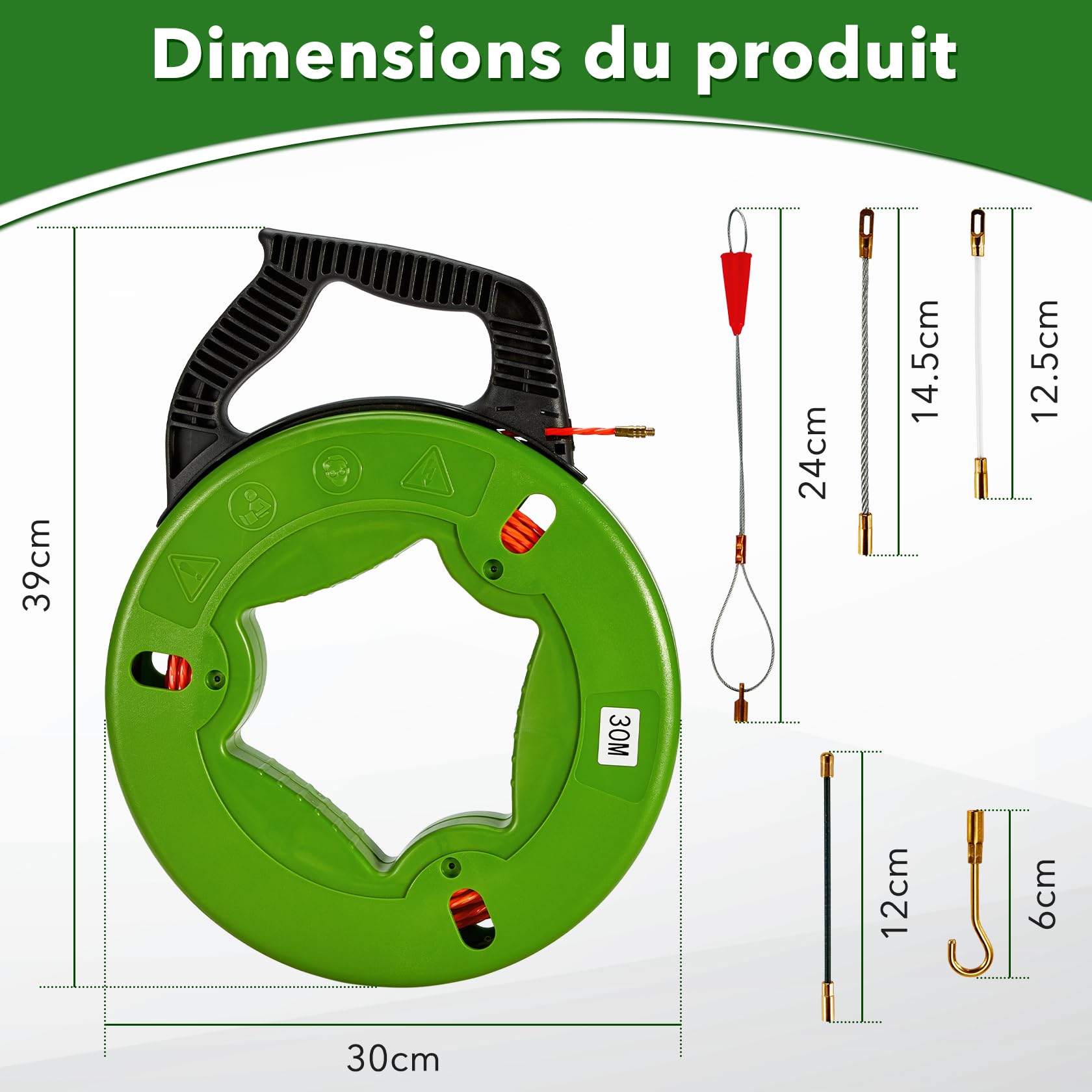 Pindex 30 m Aiguille Electricien 4 mm Tire Fils Cable Electrique avec 5 Adaptateurs pour Tuyaux Vides, Câble d'Alimentation, Câble Réseau, Fibre Optiqueuidage