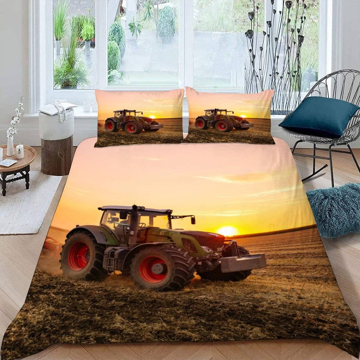 RFFLUX 3D Tractor Double Bedding Duvet Cover Set 3 Pieces 200x200 Ultra Soft Microfiber Farm Combine Harvester Comforter Cover with Zipper Easy Care Quilt Cover with 2 Pillowcase for Room Decor