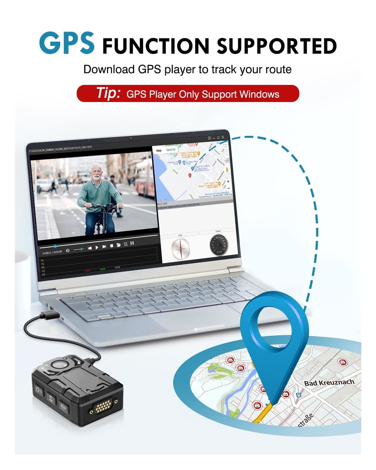 Kamera na ciało Aparat noszony na ciele 4K GPS Track Obsługiwany 14~16 godzin Nagrywanie wideo 128 GB IP67 Wodoodporna kamera montowana na ciele z noktowizorem dla Bezpieczeństwa, Dokumentacja Pracy