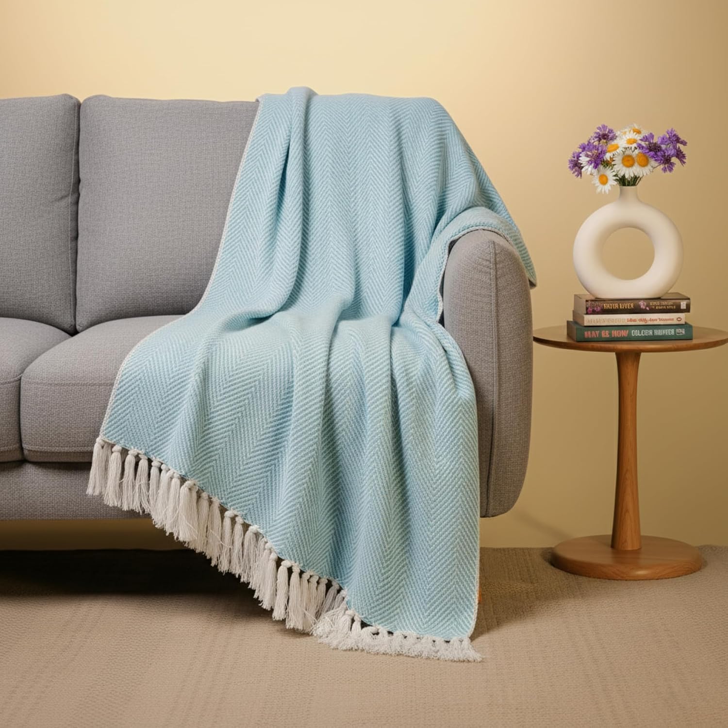 Tarantaran Home Hand-Knitted Cotton Sofa Throw | All-Season Throw Blanket for Sofa, Bed, Couch, Chair & Travel | 80×52 Inches (204×132 cm)(Arctic Blue)