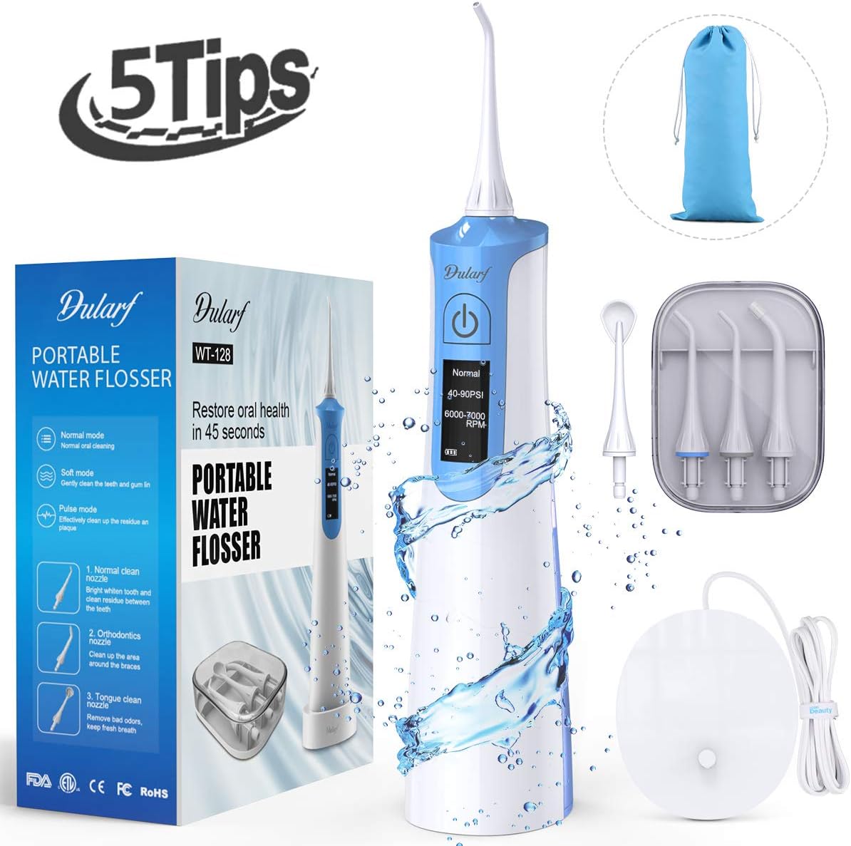 Water Flosser for Teeth, Dularf Cordless Portable Dental Oral Irrigator Rechargeable with 3 Modes LCD Display and 145ML Water Tank IPX7 Waterproof Teeth Cleaner with 5 Jet Tips Nozzles Replacement