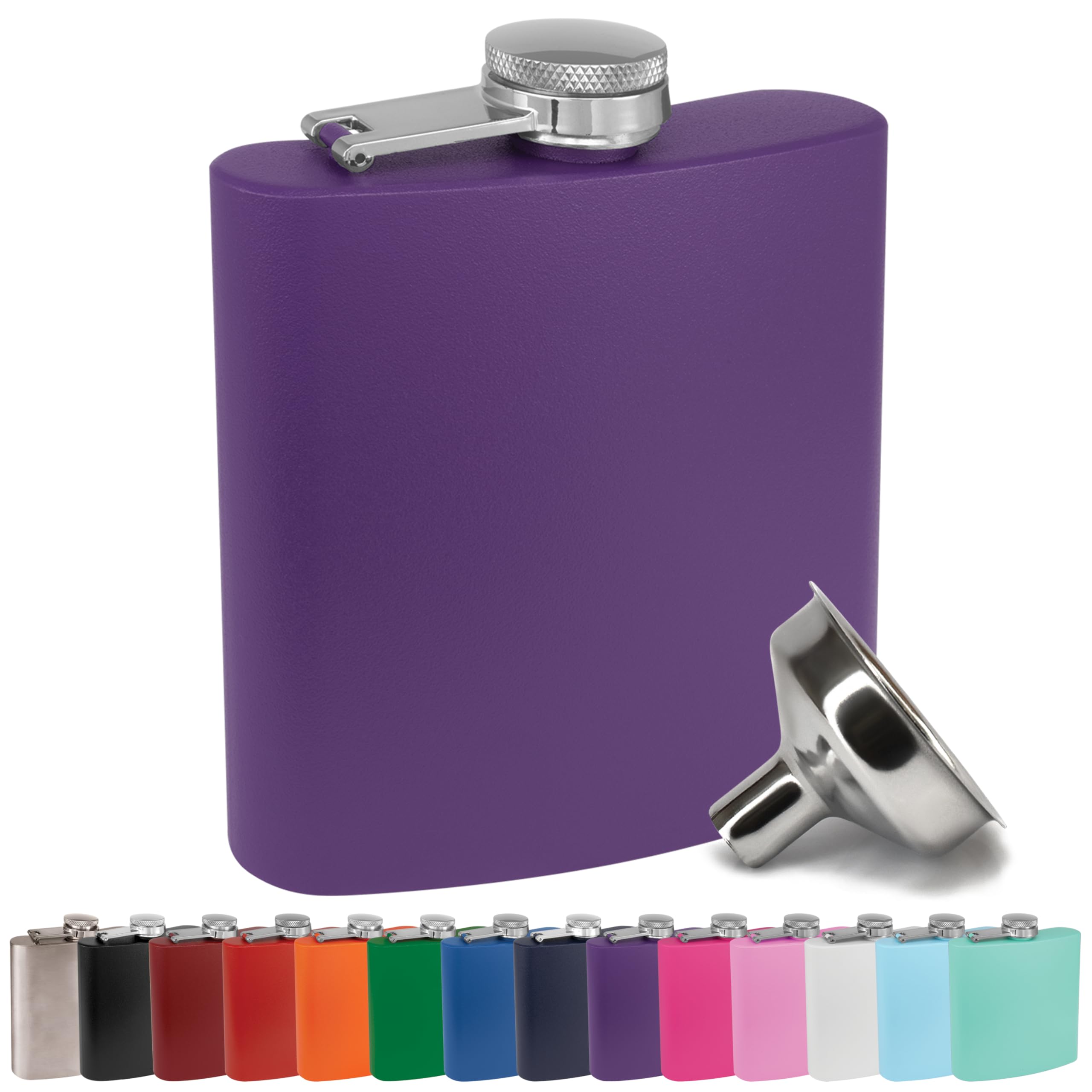 6 oz Stainless Steel Hip Flask with Funnel for Men & Women, Powder Coated Flask Gift Sets for Groomsmen, Bridesmaids, Wedding Party Whiskey Flask for Liquor, by Clear Water Home Goods, Matte Purple