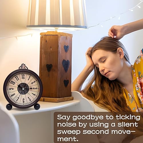 Miniatura 6 de Reloj despertador de metal retro vintage de 5 pulgadas, reloj de mesa analógico antiguo sin tictac, funciona con pilas, para mesita de noche,