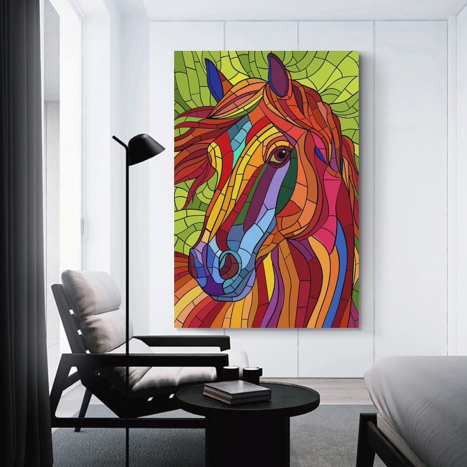 Junmoney Unframe-Style-25 Colorful Stained Glass Horse Portrait Wall Picture Print 24X36inch(60X90cm), For Lounge Decor, Offices Or Entryway Styling, A Flexible Wall Accent For Shared Spaces