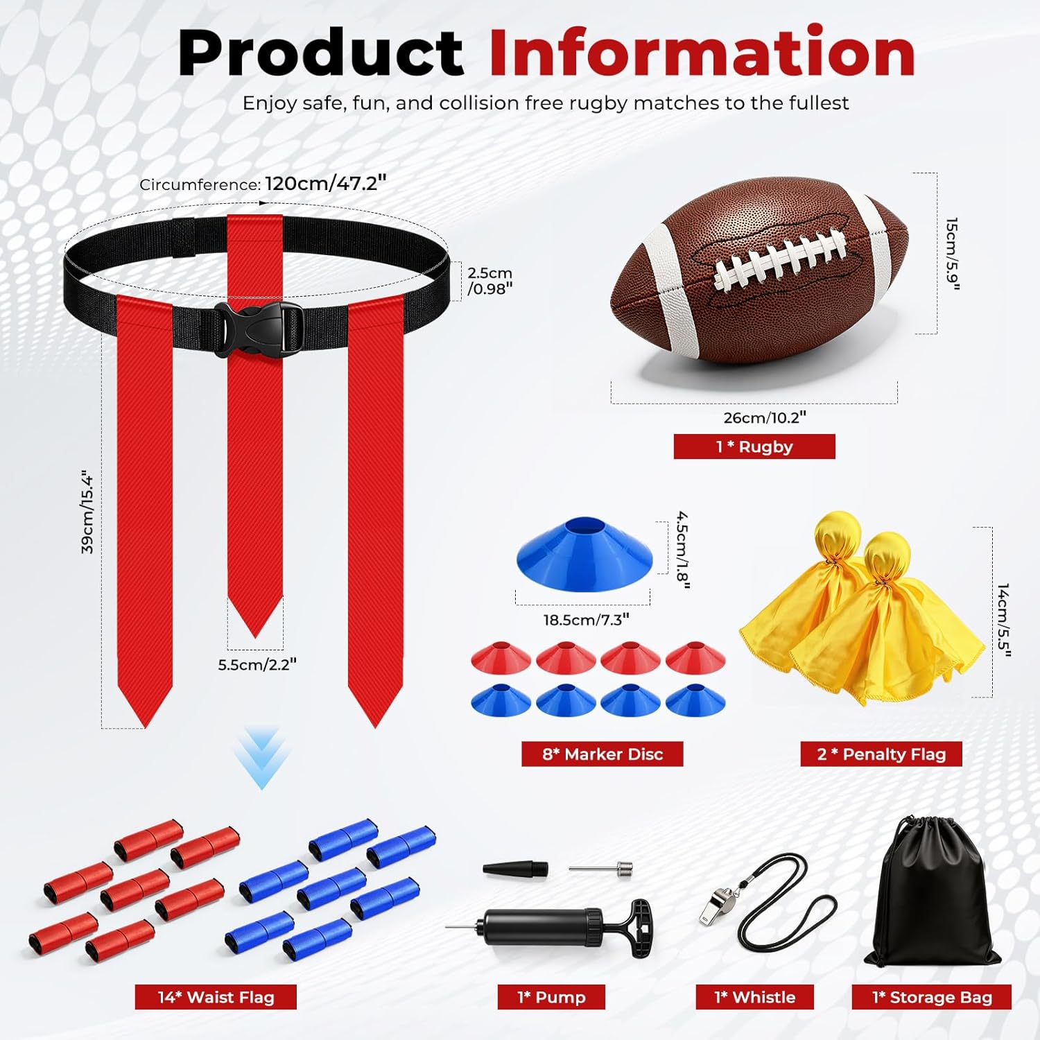 Flag Football Set for 14 Players, Adjustable Flag Football Belts for Kids, Youth & Adult, Includes Junior Size Ball, 42 Pop-Off Tags, Practice Cones & Gear Bag