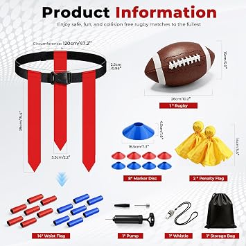 Flag Football Set for 14 Players, Complete 7v7 Game Flag Football Belts Set with Adjustable Belts, Size 6 Ball, Cones & Bag, Perfect for Family Reunions, School P.E. & Recreational Sports