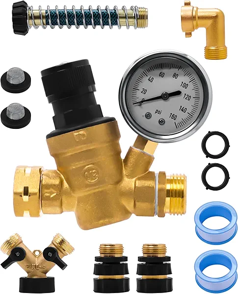 UHEGDRR RV Water Pressure Regulator Kit, with Hose Splitter, Brass Elbow, Flexible Connector, Hose Quick Connects, Leak Repair Kit, All-in-One Fresh Drinking Water Hookup Kit for RV, Camper, Trailer