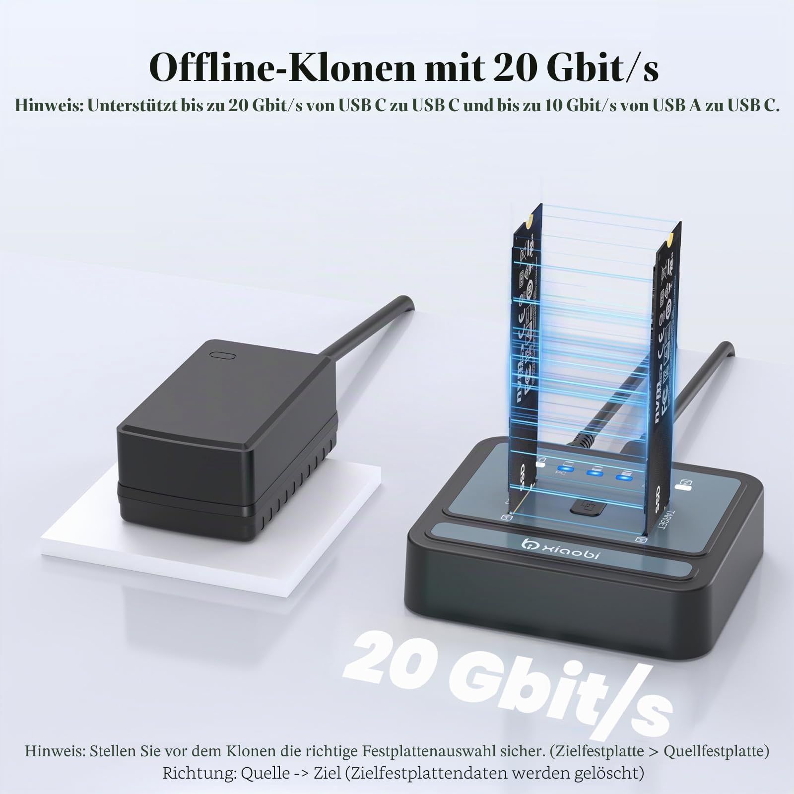 M.2 NVMe/SATA SSD Cloner, M.2 Duplikator 2-Bay Festplattengehäuse, werkzeuglos 20Gbps USB3.2 Gen 2X2 Festplattenleser für NVMe SATA SSD Unterstützt Offline Clone, UASP und Trim