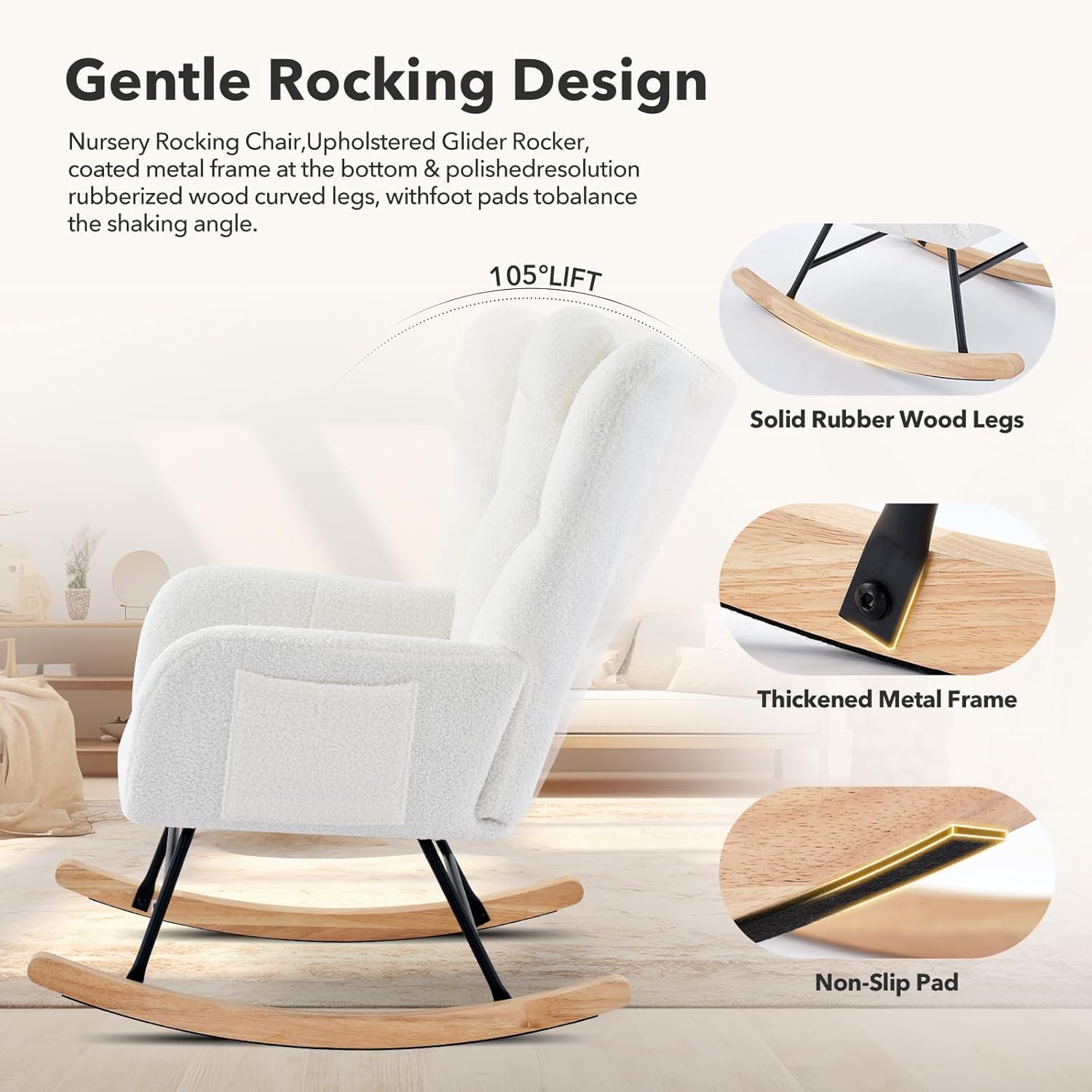 mecedora, Rocking Chair, Recubrimiento Bouclette, Sillón Lactancia, Silla mecedora, Estructura de acero, Patas de madera maciza, Beige, 68,3 x 92 x 91 cm, con Almohada