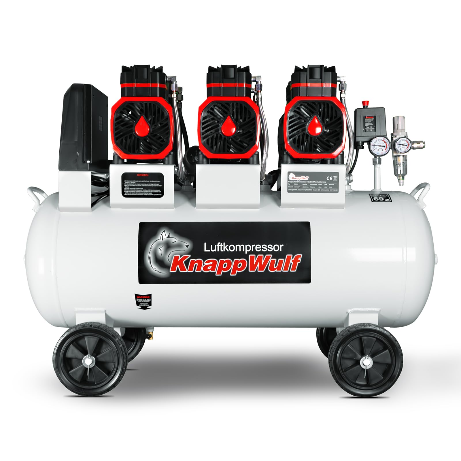 KnappWulf Compresor susurro, 10 bar, caldera de 100 L, 230 V, 3300 W, 754 L/min, sin aceite, incluye separador de agua, regulador de presión, válvula de descarga de agua de condensación, compresor de