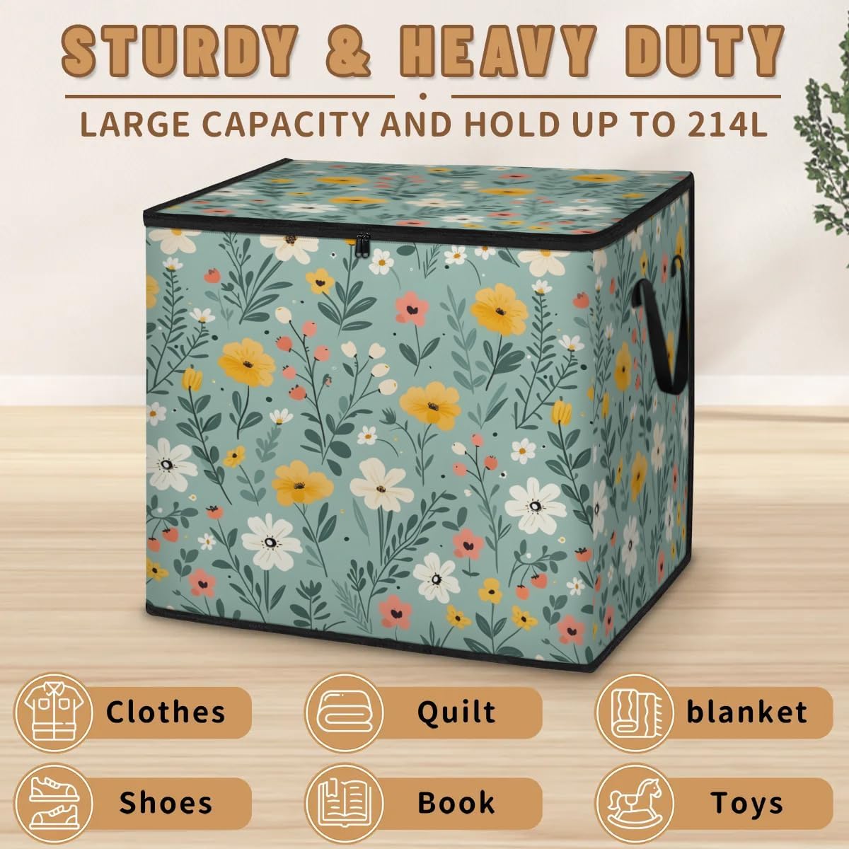Honeybaby 214L Extra Large Comforter Storage Bag Floral Patterned Flower Storage Totes with Lids Waterproof Closet Organizer Folding Blanket Storage Bags for Clothes Bedding Pillows