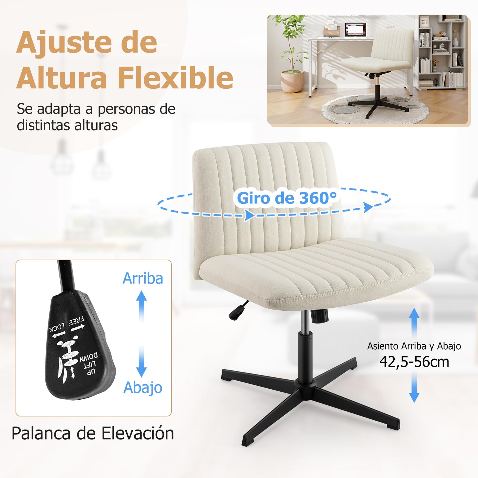 COSTWAY Silla Escritorio sin Brazos, Silla de Oficina con Tela de Lino, Mecedora 120°, Altura Ajustable, Silla Tocador con Piernas Cruzadas Estudio Dormitorio Oficina, 71 x 66 x 78-91,5 cm (Beige)