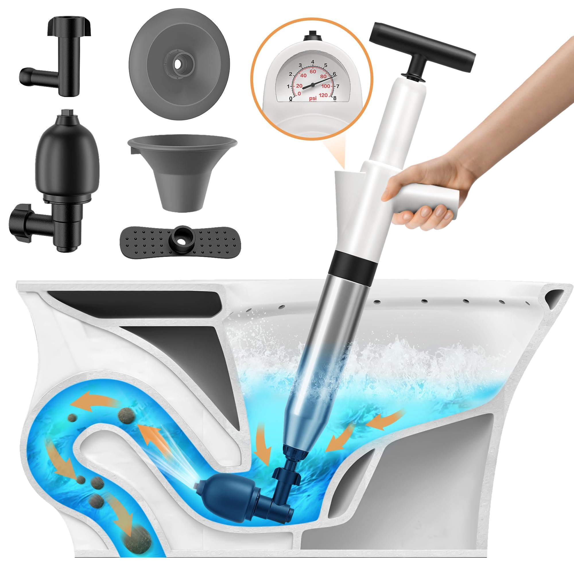 Toilet Plunger, Drain Clog Remover, Plungers for Bathroom, High-Pressure Air Drain Blaster with Real-Time Barometer Powerful Heavy Duty Toilet Snake for Sink, Floor, Kitchen Clogged-image-44