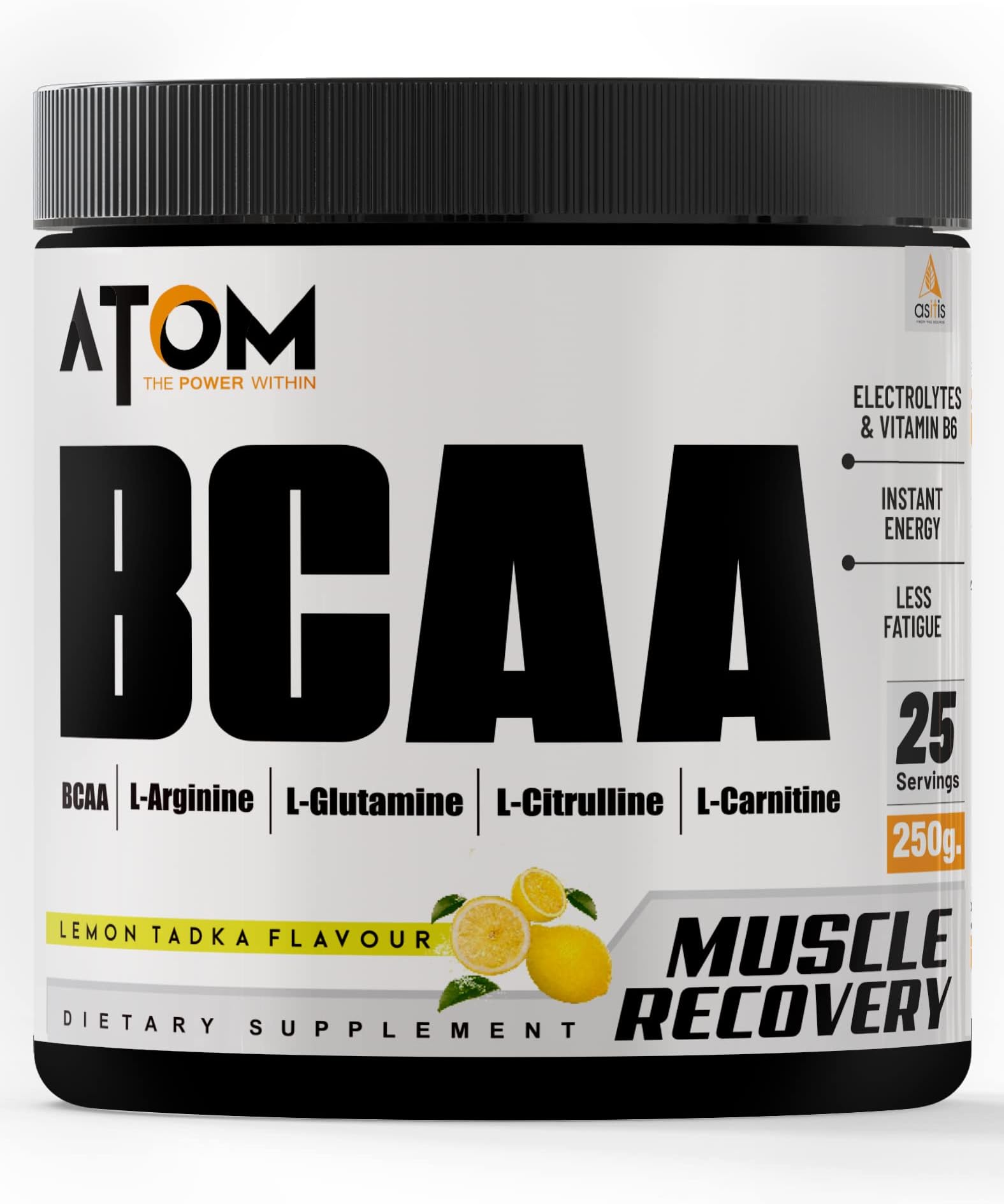 AS-IT-IS ATOM BCAA 250g with L-arginine, L-Carnitine, L-Citrulline for Energy Burst & Athletic Performance | Lemon Tadka Flavorr…
