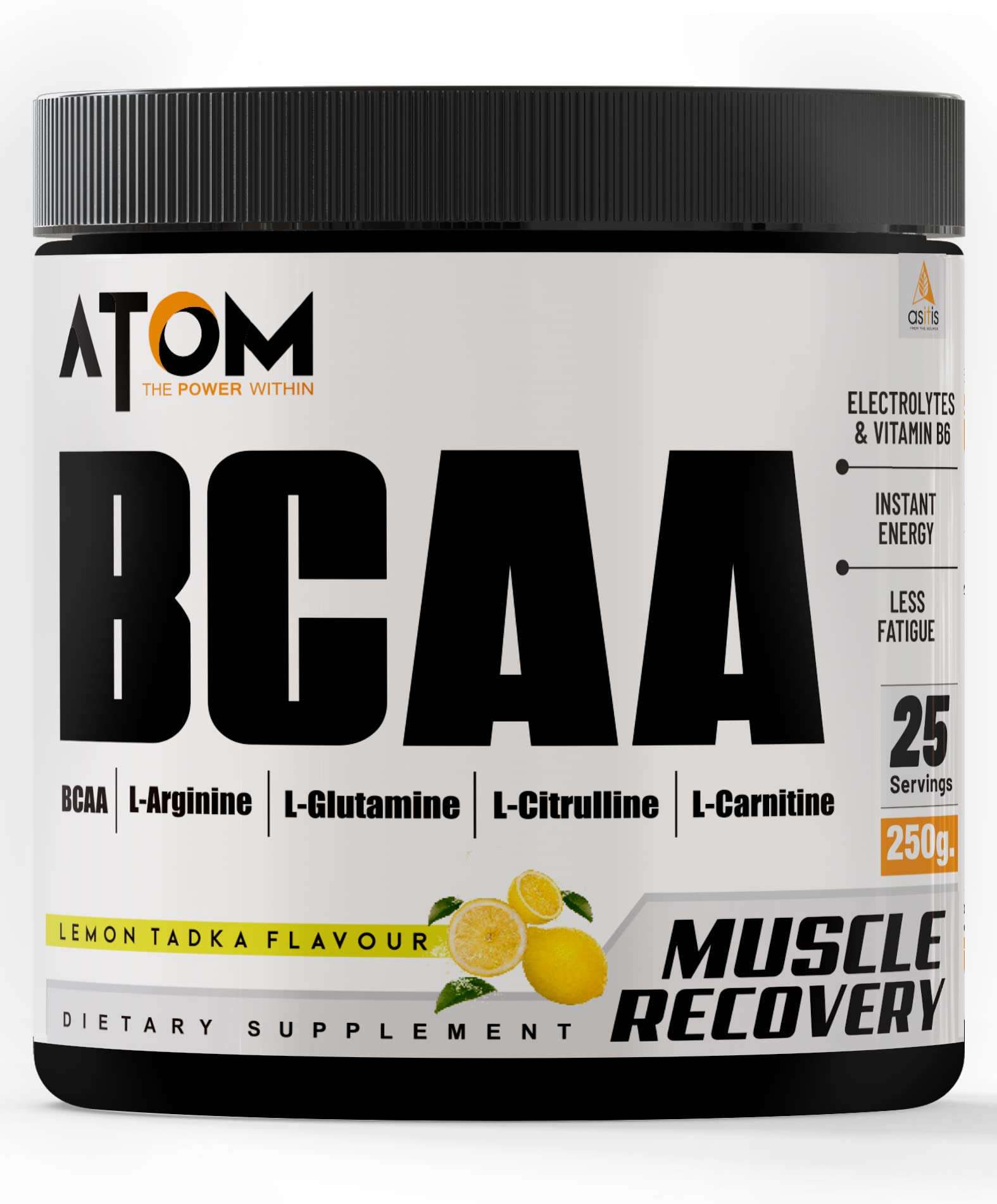 Asitis NutritionAS-IT-IS ATOM BCAA 250g with L-arginine, L-Carnitine, L-Citrulline Powder for Energy Burst & Athletic Performance | Lemon Tadka Flavor